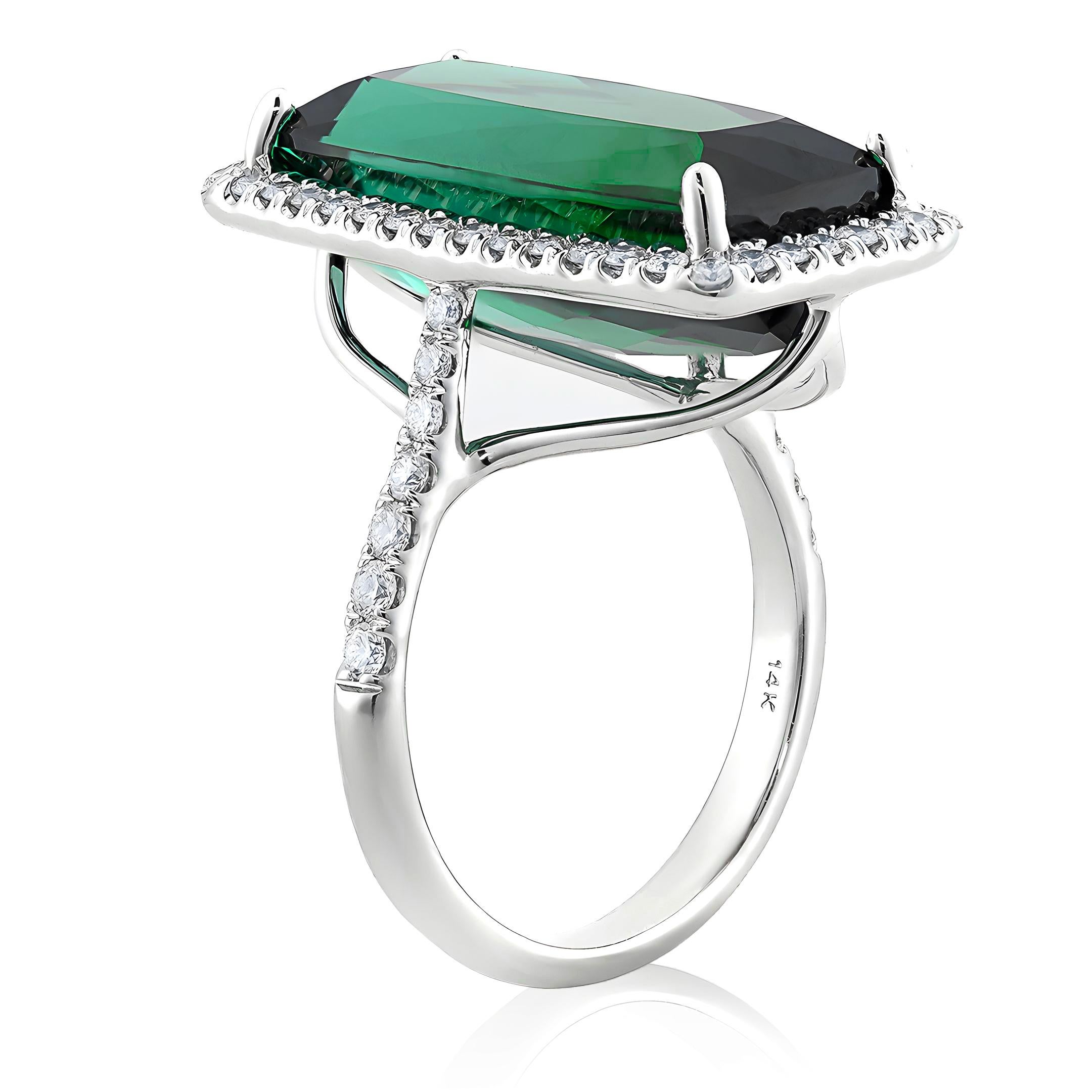 Mixed Cut Natural Green Tourmaline Stone 13.71 carats in 14K White Gold Ring with Diamonds For Sale
