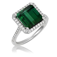 Natural Green Tourmaline Stone 3.36 carats in 14K White Gold Ring with Diamonds