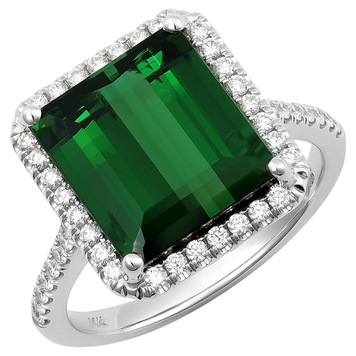 Natural Green Tourmaline Stone 6.06 carats in 14K White Gold Ring with Diamonds