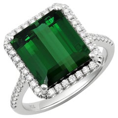 Natural Green Tourmaline Stone 6.06 carats in 14K White Gold Ring with Diamonds