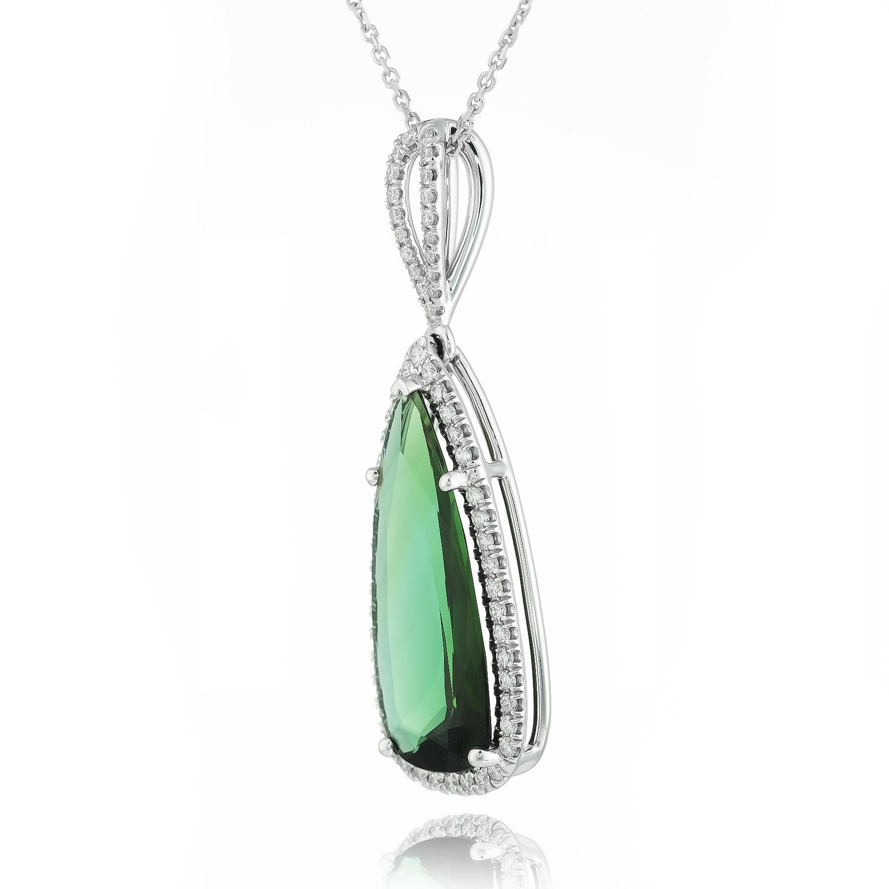 Mixed Cut Natural Green Tourmaline Stone 6.25 cts in 14K White Gold Pendant with Diamonds For Sale