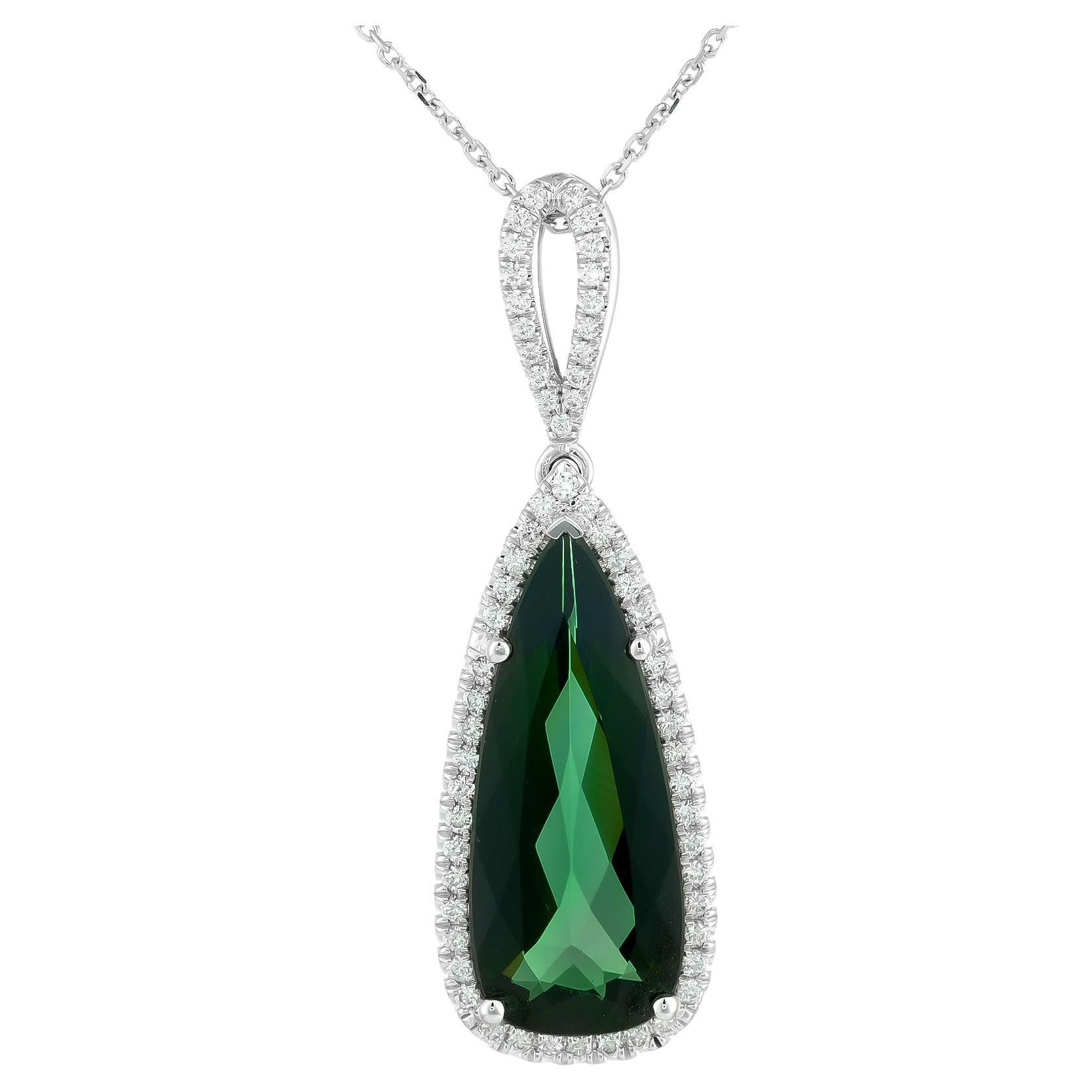 Natural Green Tourmaline Stone 6.25 cts in 14K White Gold Pendant with Diamonds For Sale