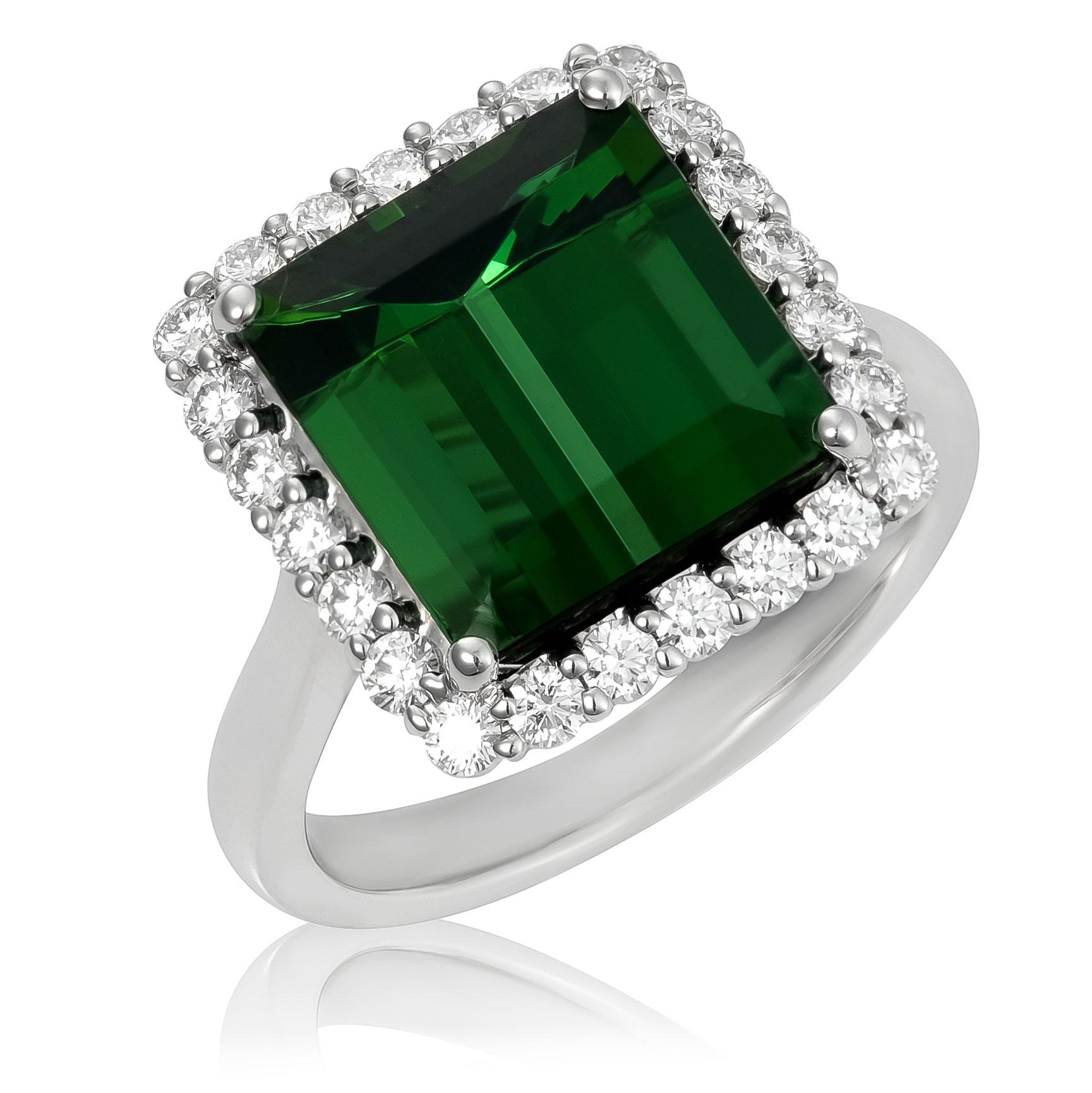 Natural Green Tourmaline Stone 6.50 carats in 14K White Gold Ring with Diamonds