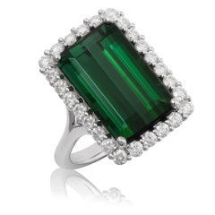 Natural Green Tourmaline Stone 6.87 carats in 14K White Gold Ring with Diamonds