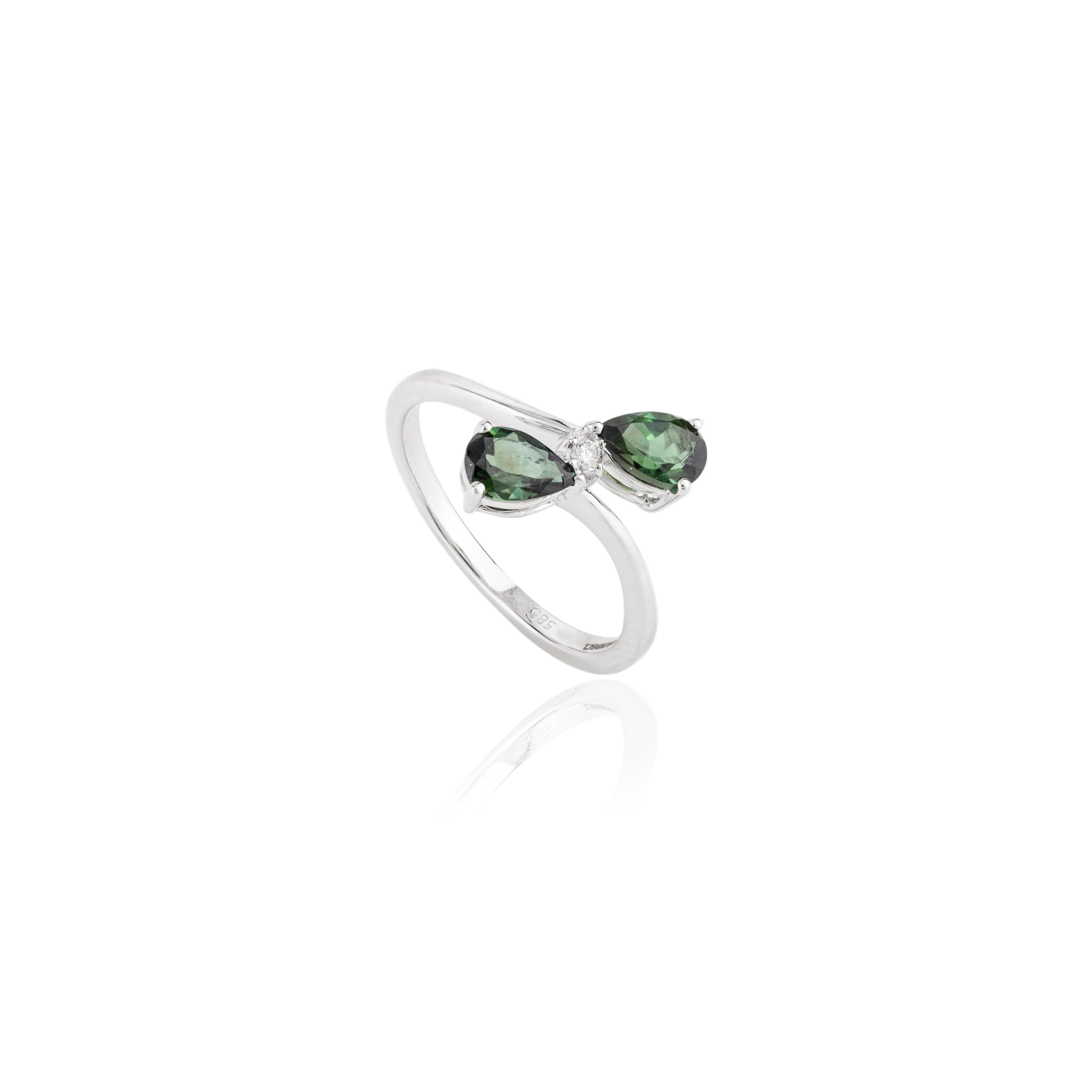 For Sale:  Natural Green Tourmaline Diamond Two Stone Ring in 14k White Gold 7