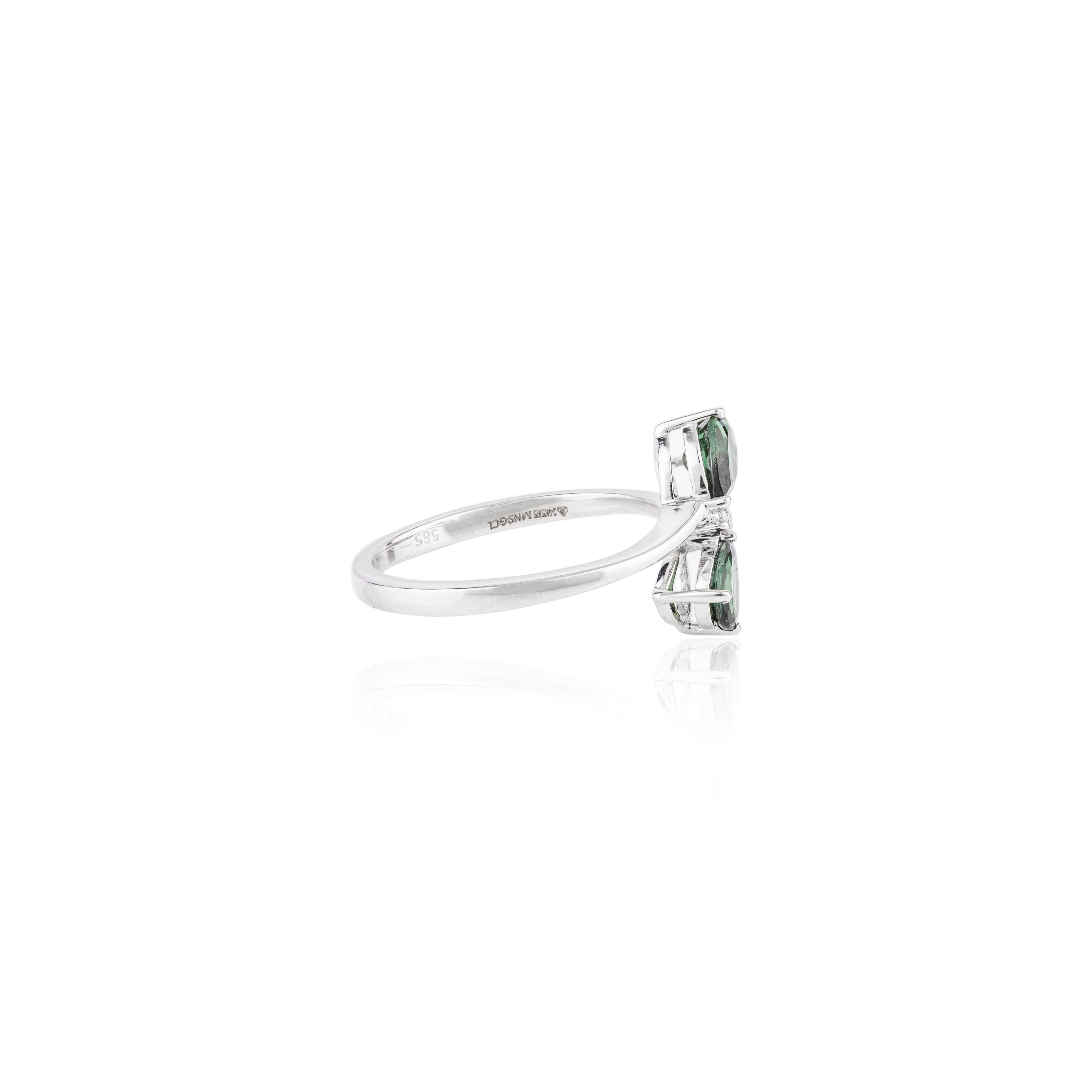 For Sale:  Natural Green Tourmaline Diamond Two Stone Ring in 14k White Gold 8