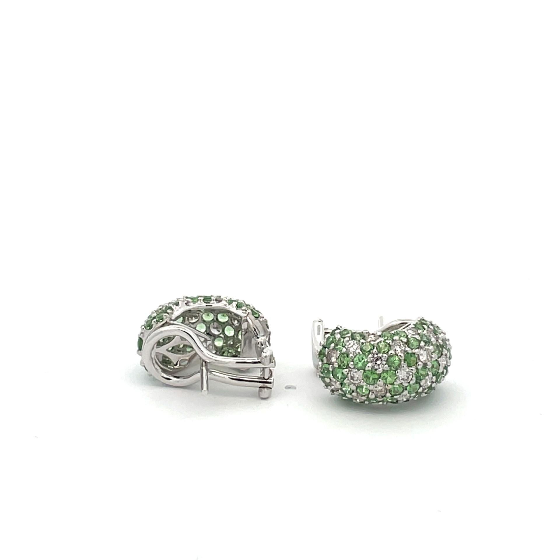 Round Cut Natural Green Tsavorite and  Diamond Pave Wide Huggies in 18 Karat White Gold For Sale