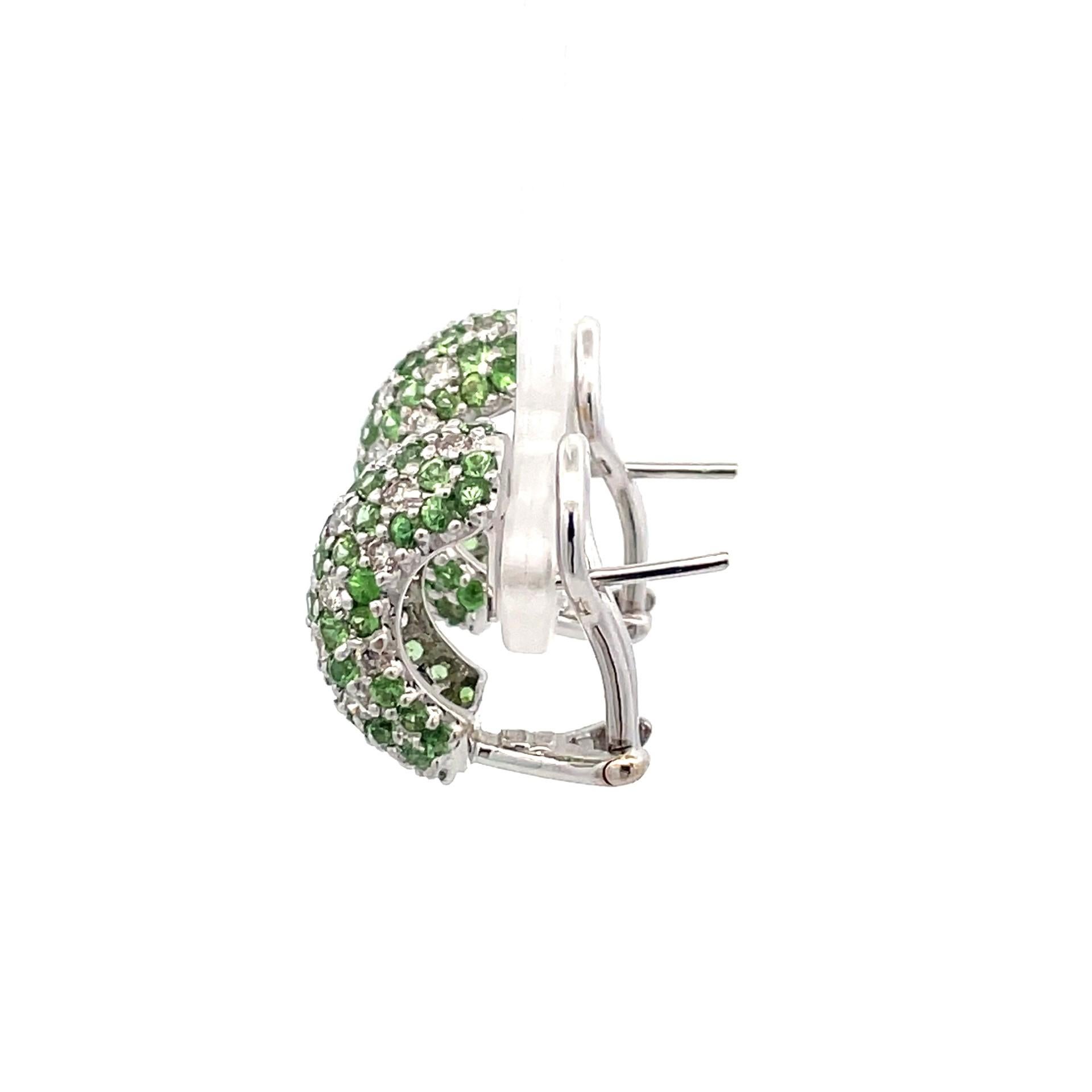 Women's Natural Green Tsavorite and  Diamond Pave Wide Huggies in 18 Karat White Gold For Sale