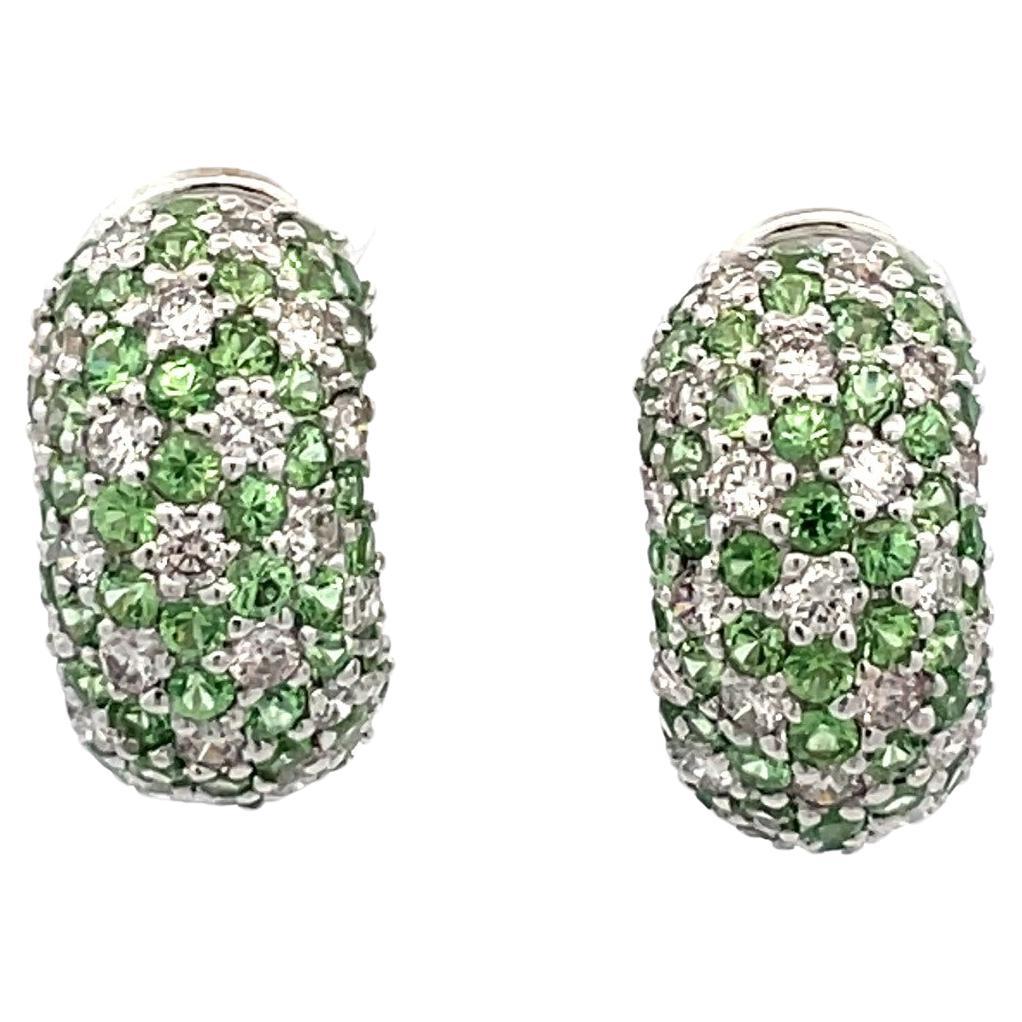 Natural Green Tsavorite and  Diamond Pave Wide Huggies in 18 Karat White Gold For Sale