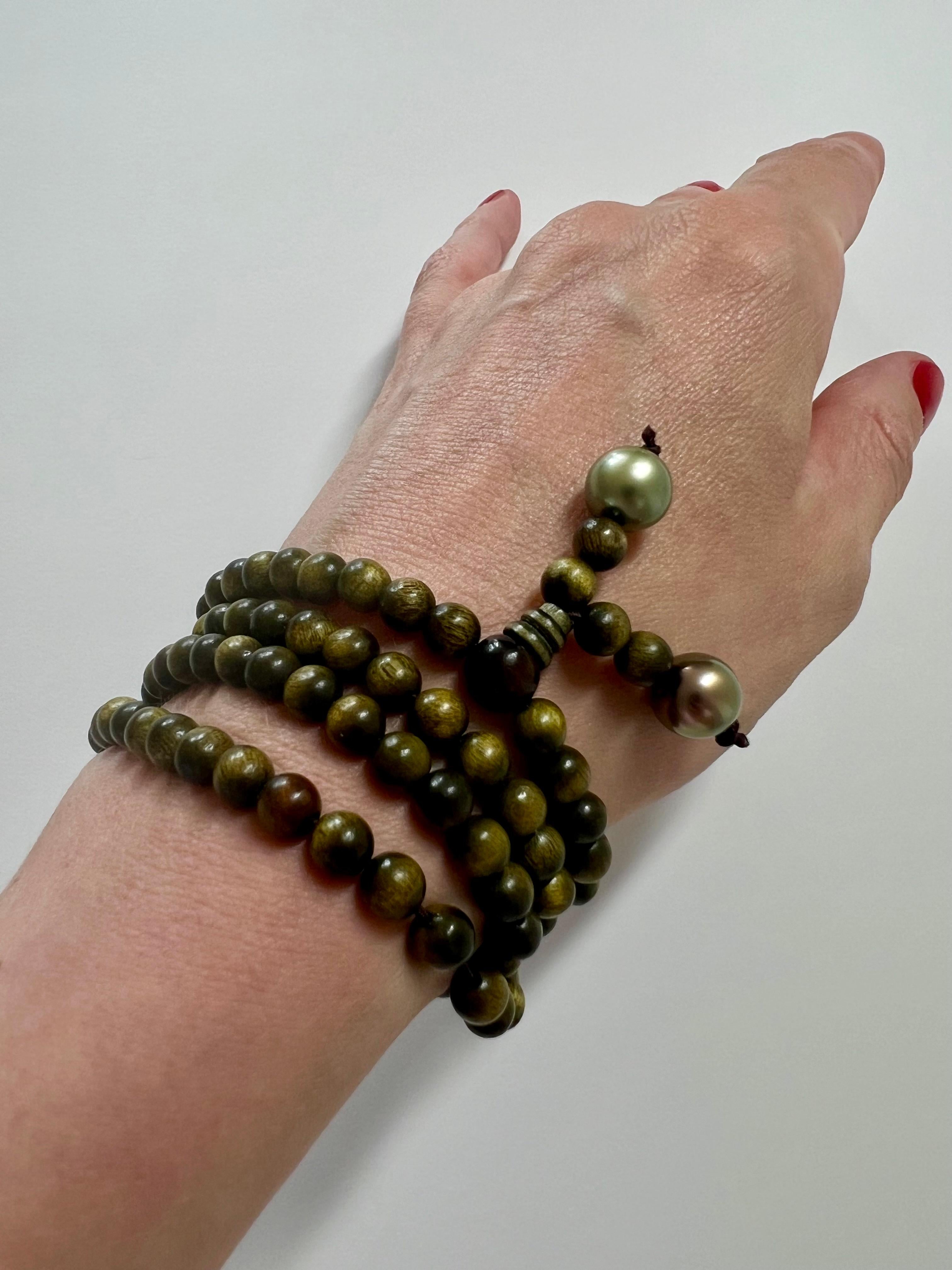 Women's or Men's Natural Green Wood and Tahiti Pearl Jewelry Piece as Necklace or Bracelet For Sale