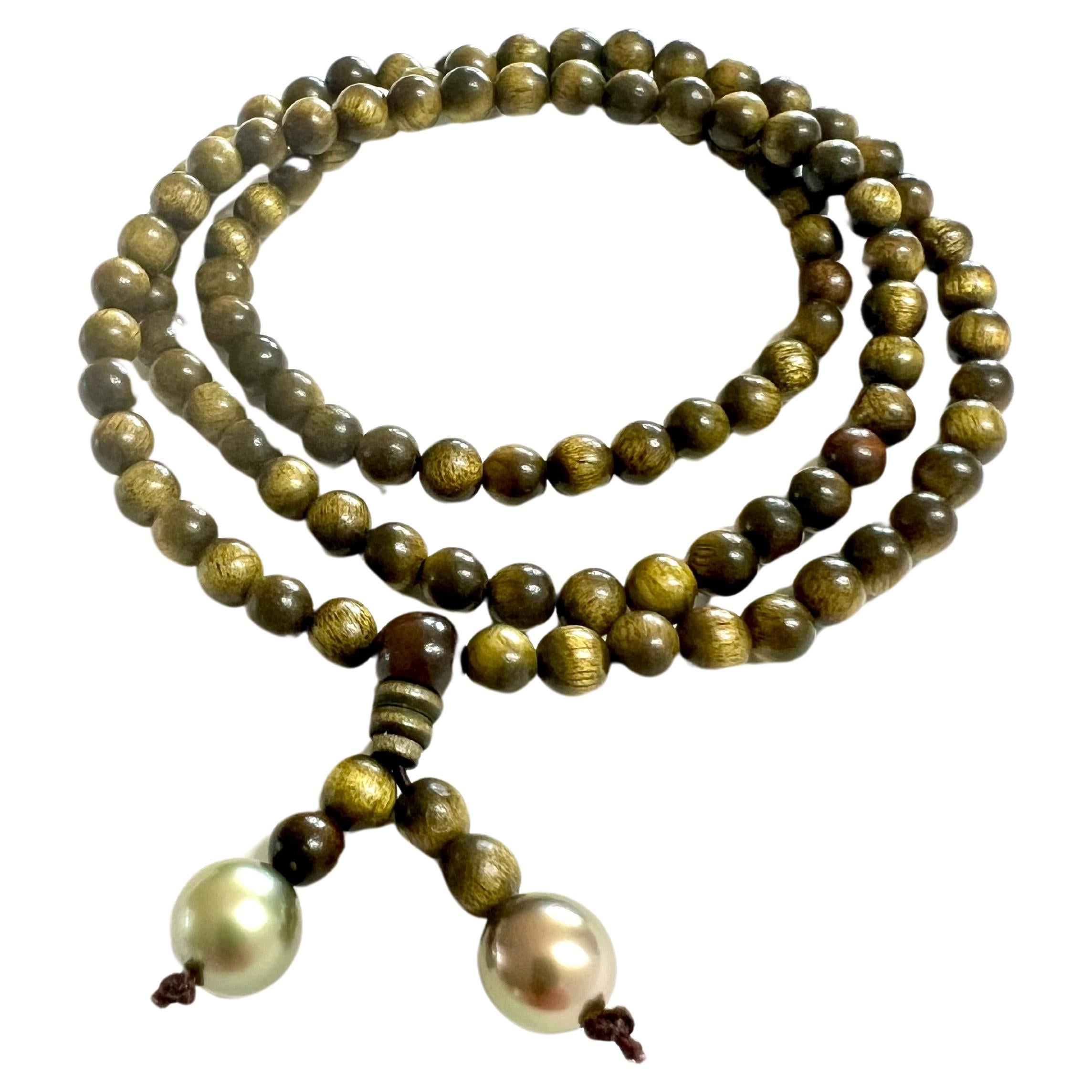 Natural Green Wood and Tahiti Pearl Jewelry Piece as Necklace or Bracelet For Sale