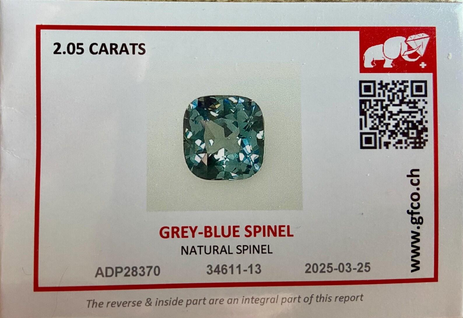 Natural Grey-blue Spinel loose gemstone 2.05 ct., cushion cut, Origin Tanzania For Sale 2