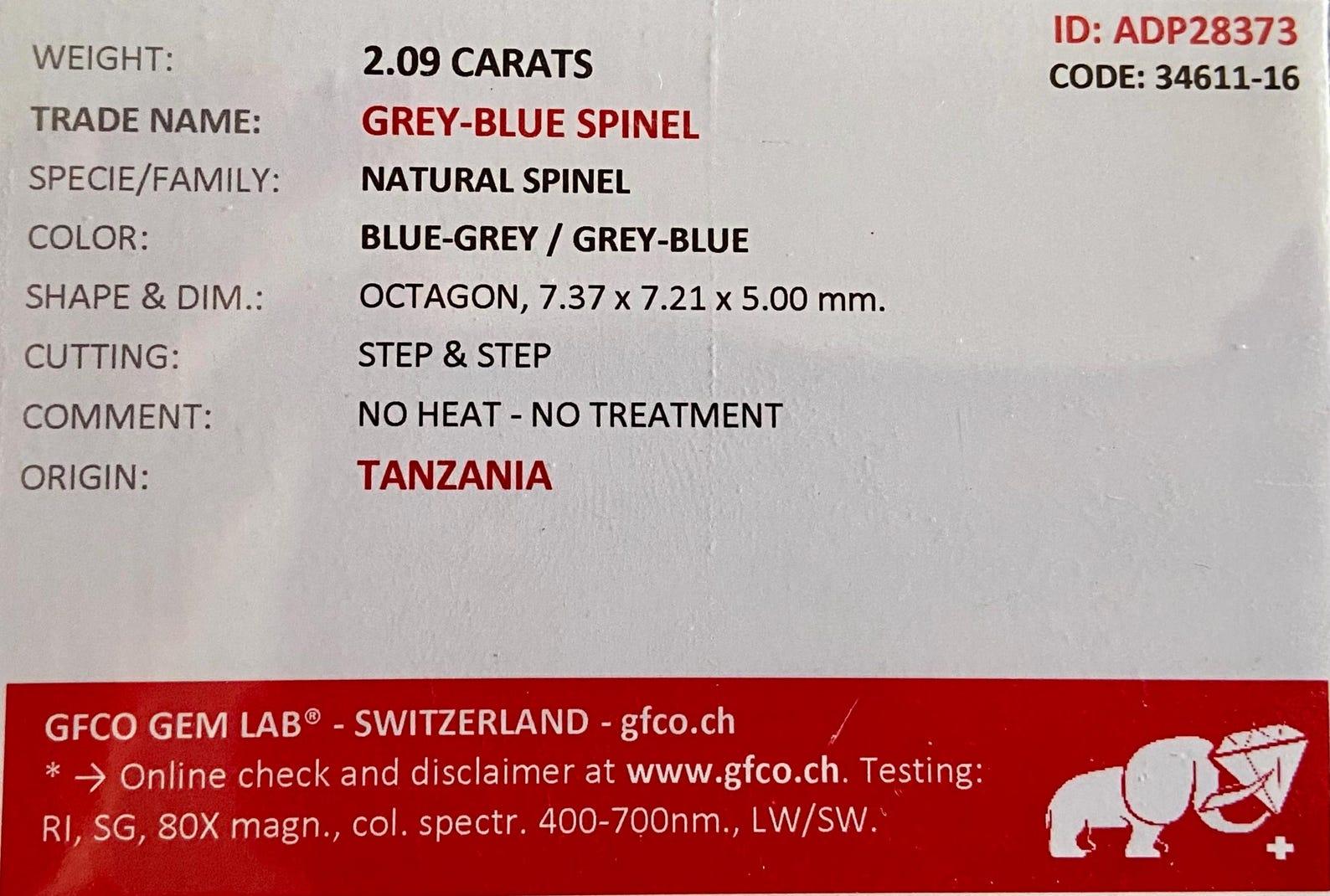 Natürlicher grau-blauer Spinell lose Edelstein 2,09 ct. Hochwertiges, Achteck, Tansania im Zustand „Neu“ im Angebot in Daugavpils, LV
