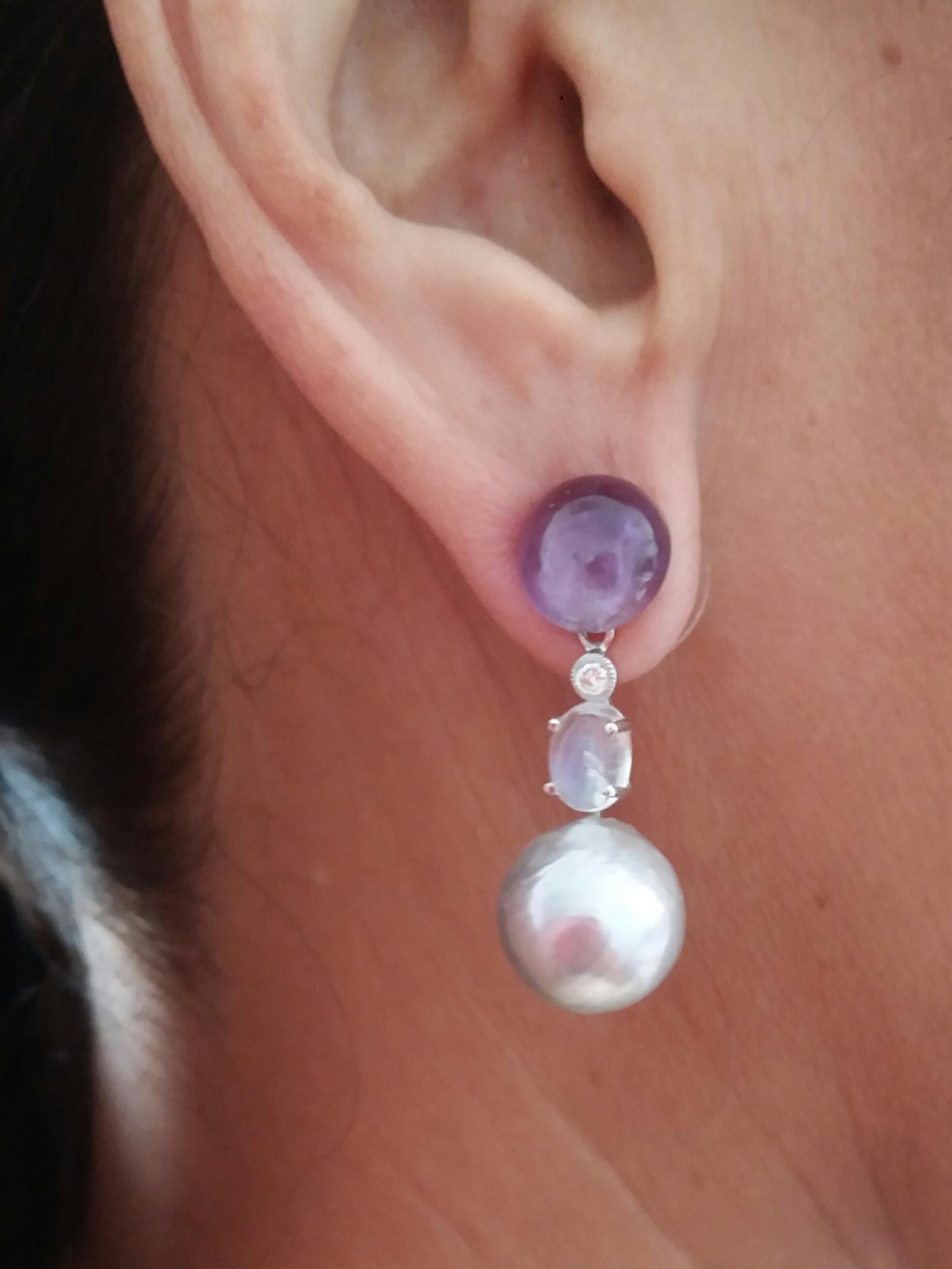 Contemporary Natural Grey Color Baroque Pearls Amethyst Moonstone Diamond 14K Gold Earrings For Sale