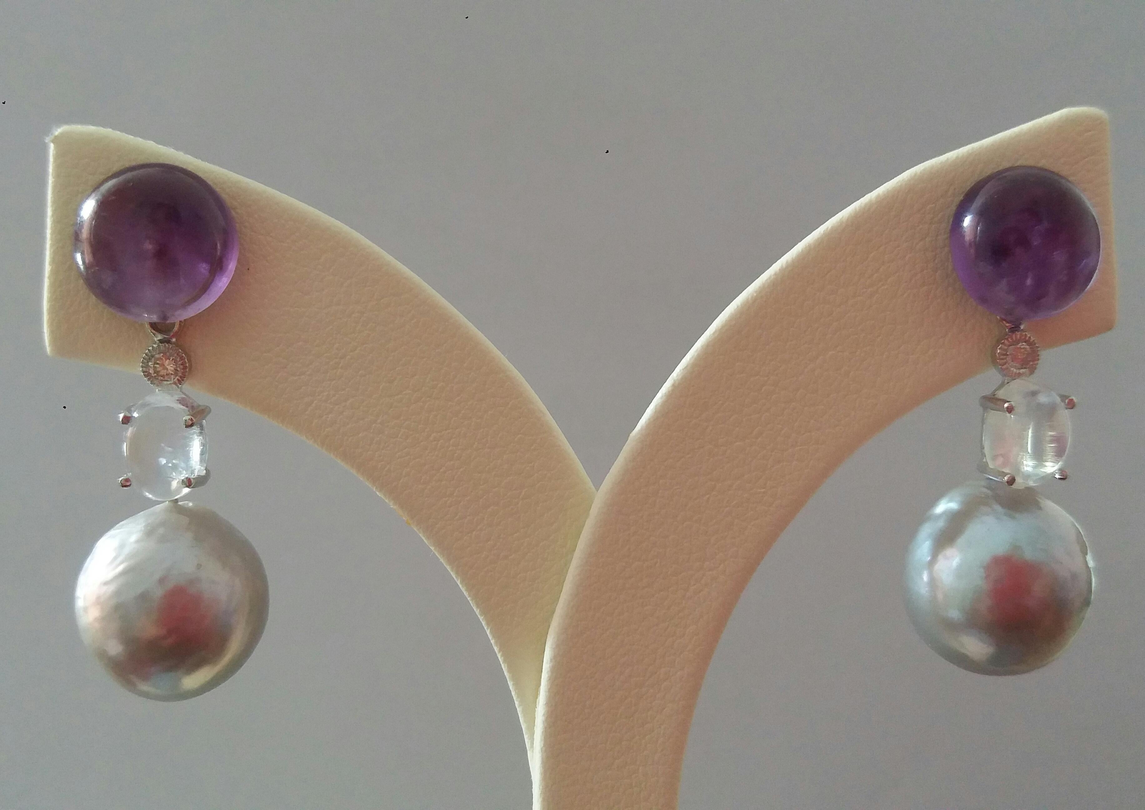 Women's Natural Grey Color Baroque Pearls Amethyst Moonstone Diamond 14K Gold Earrings For Sale
