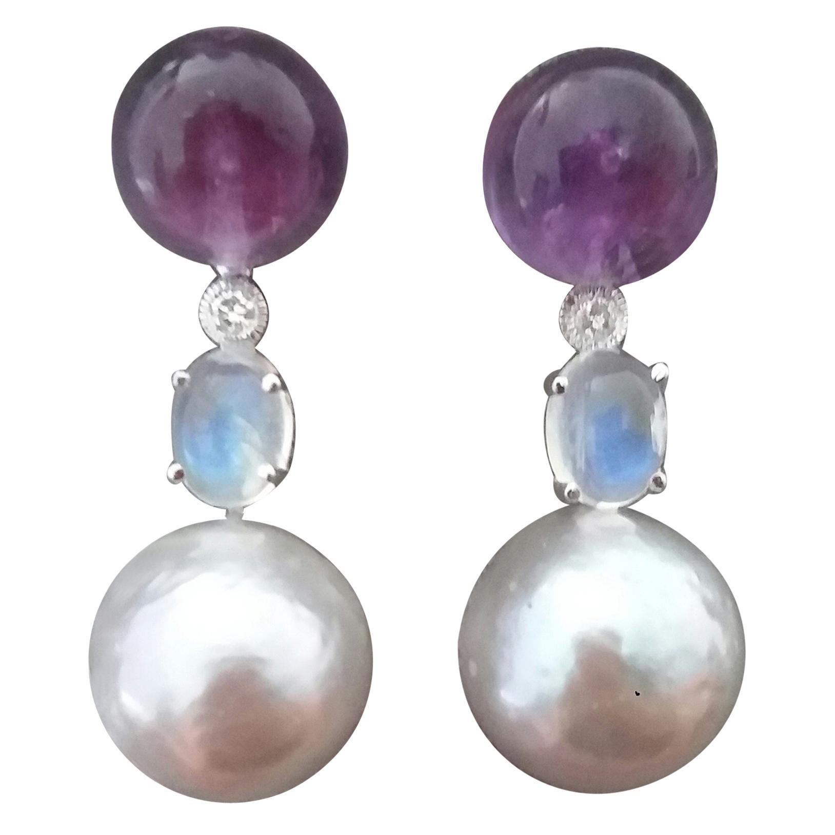 Natural Grey Color Baroque Pearls Amethyst Moonstone Diamond 14K Gold Earrings For Sale