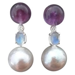 Used Natural Grey Color Baroque Pearls Amethyst Moonstone Diamond 14K Gold Earrings