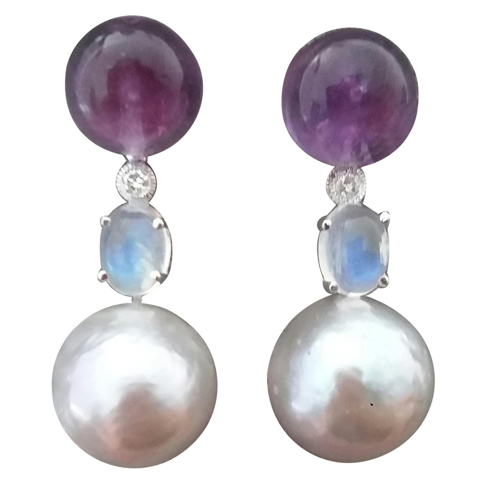 Pendientes de oro de 14 quilates de perlas barrocas de color gris natural amatista piedra lunar diamante