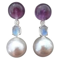 Natural Grey Color Baroque Pearls Amethyst Moonstone Diamond 14K Gold Earrings