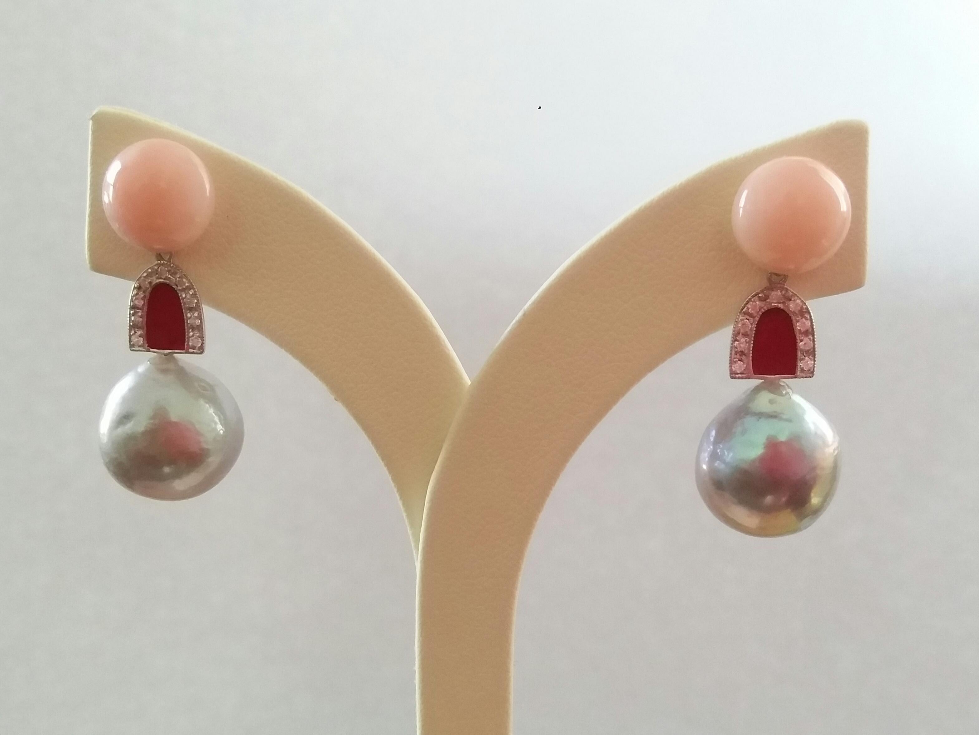 Cabochon Natural Grey Color Baroque Pearls Pink Opal Gold Diamonds Red Enamel Earrings For Sale