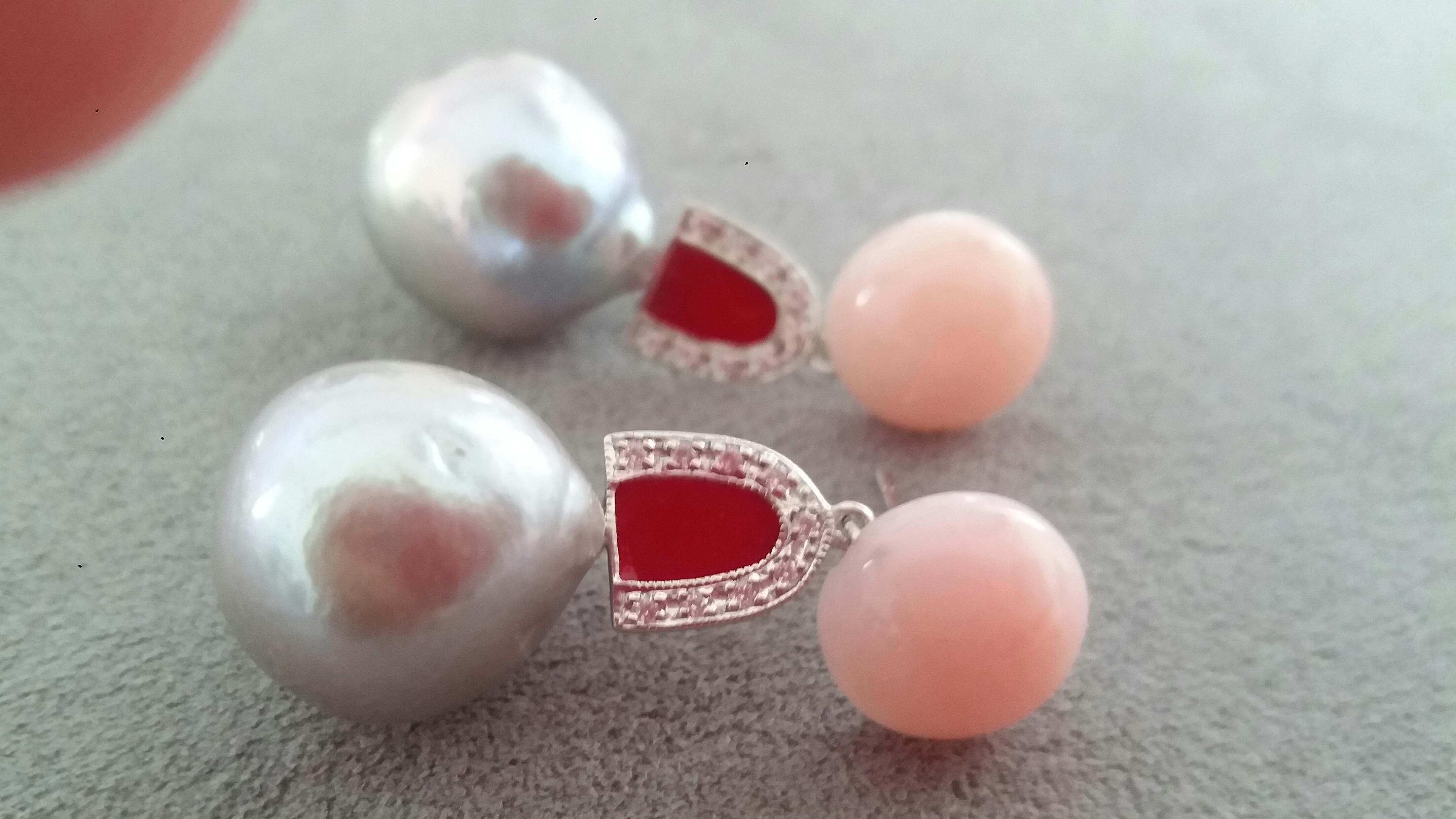 Natural Grey Color Baroque Pearls Pink Opal Gold Diamonds Red Enamel Earrings In Good Condition For Sale In Bangkok, TH