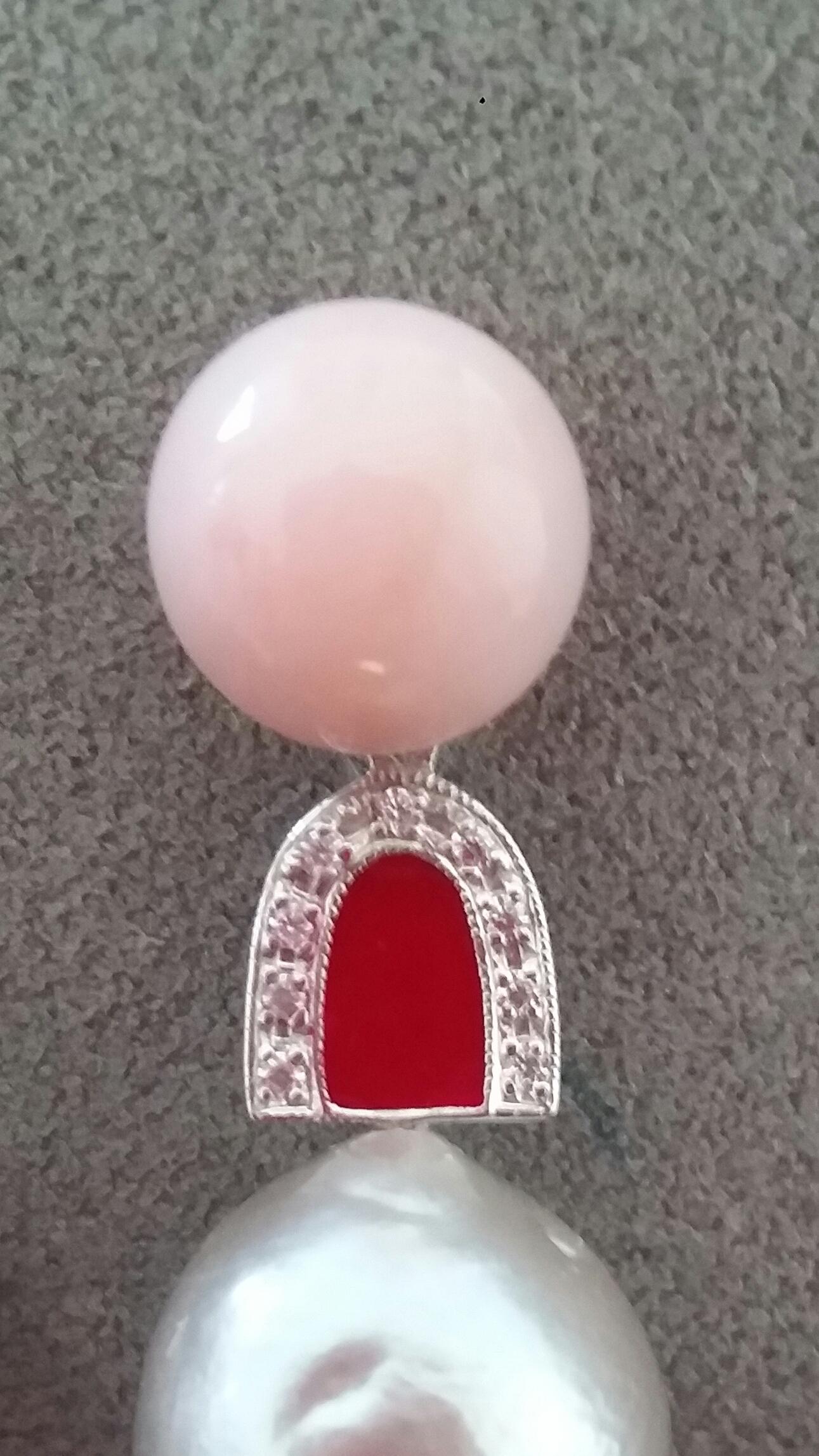 Women's Natural Grey Color Baroque Pearls Pink Opal Gold Diamonds Red Enamel Earrings For Sale