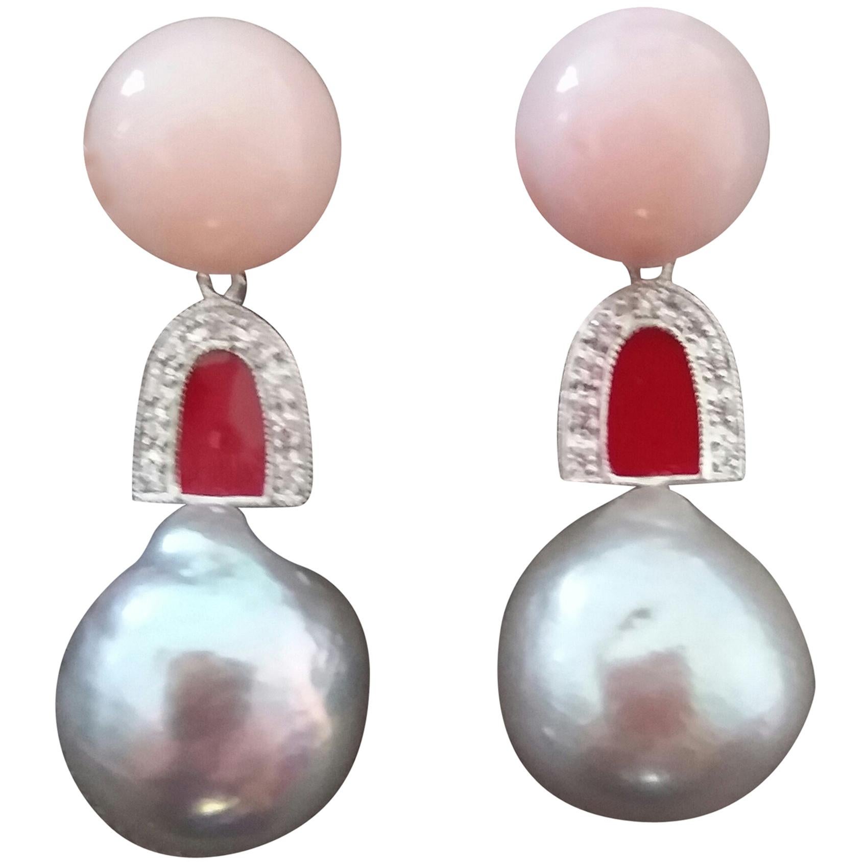 Natural Grey Color Baroque Pearls Pink Opal Gold Diamonds Red Enamel Earrings For Sale