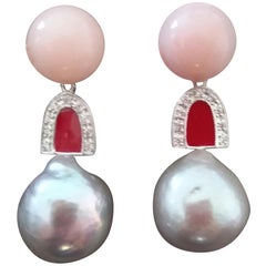 Natural Grey Color Baroque Pearls Pink Opal Gold Diamonds Red Enamel Earrings