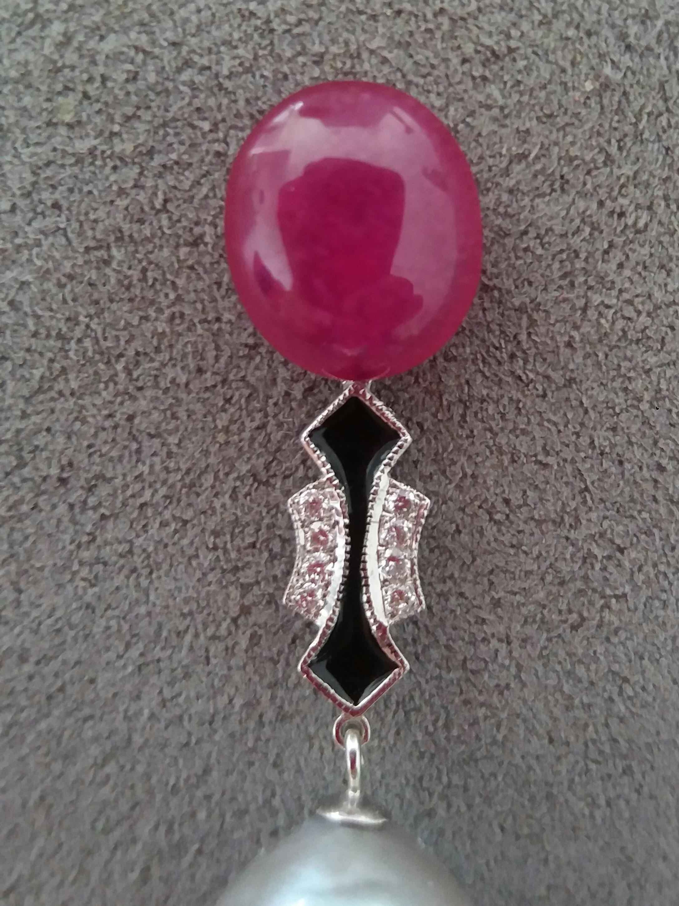 Art Deco Natural Grey Color Baroque Pearls Ruby Cabs Gold Diamonds Black Enamel Earrings For Sale