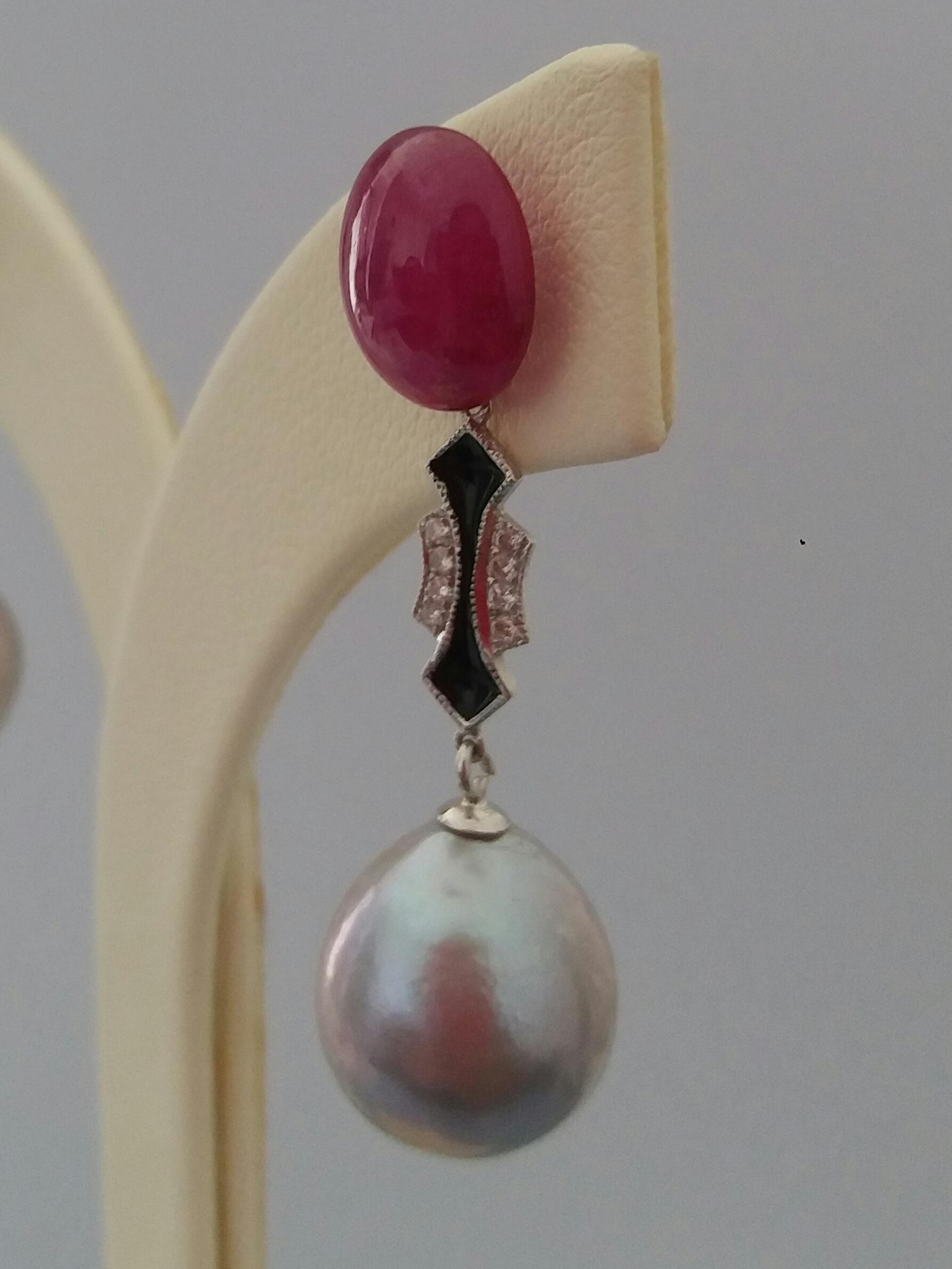 Mixed Cut Natural Grey Color Baroque Pearls Ruby Cabs Gold Diamonds Black Enamel Earrings For Sale