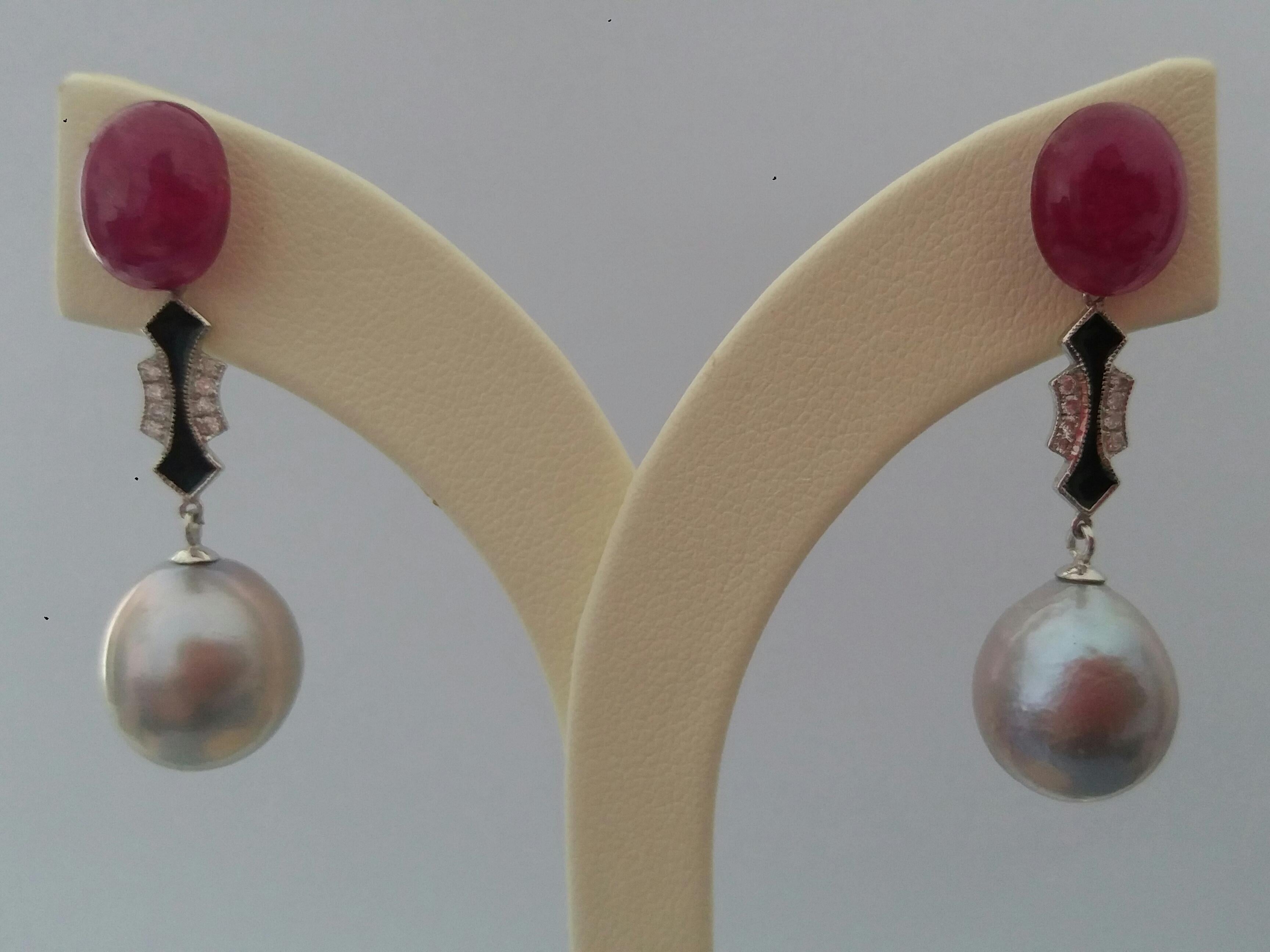 Mixed Cut Natural Grey Color Baroque Pearls Ruby Cabs Gold Diamonds Black Enamel Earrings For Sale
