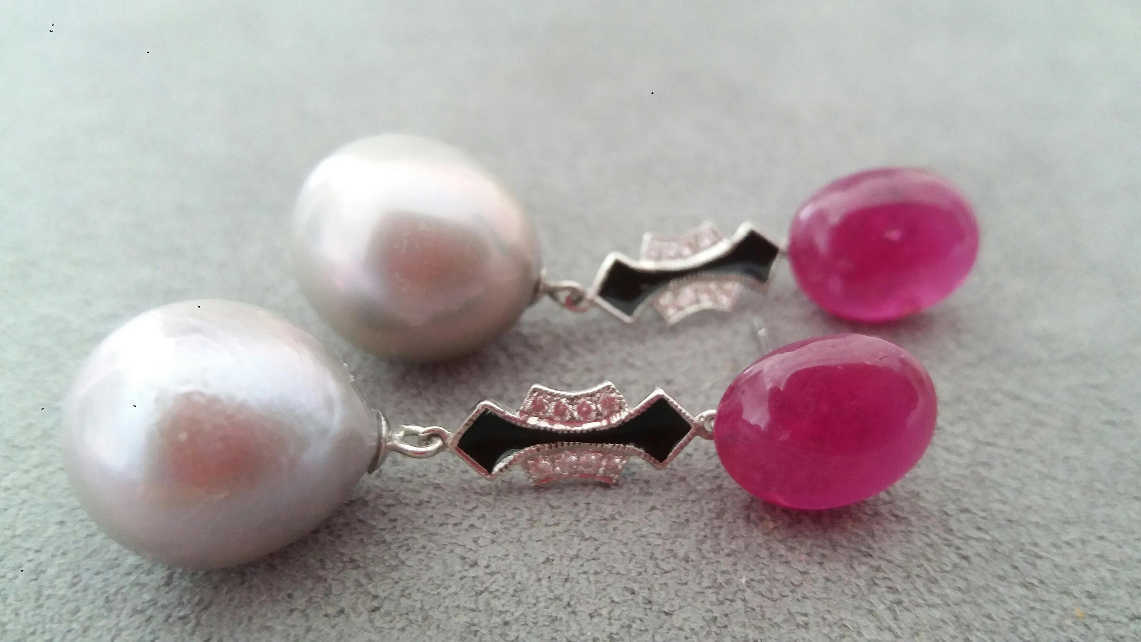 Women's Natural Grey Color Baroque Pearls Ruby Cabs Gold Diamonds Black Enamel Earrings For Sale