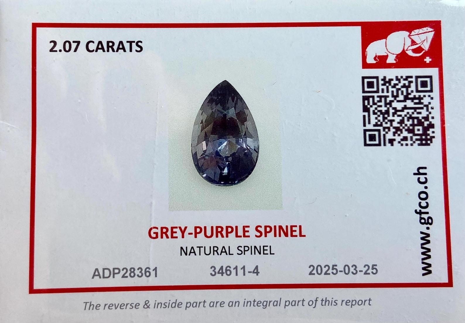 Gema suelta natural Espinela Gris-Púrpura 2,07 ct, Origen Tanzania, Certificado en Nuevo estado para la venta en Daugavpils, LV
