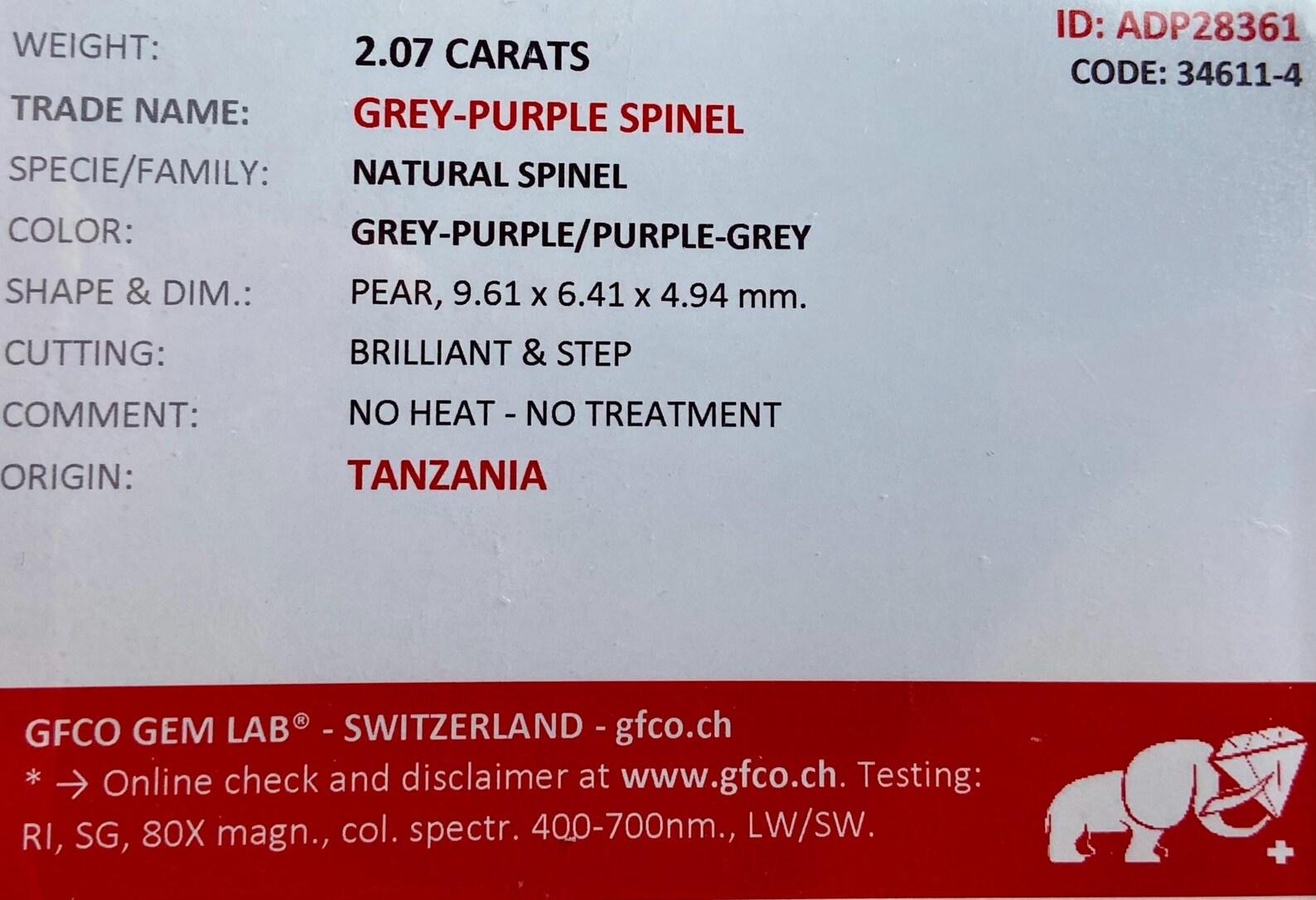 Femenino o masculino Gema suelta natural Espinela Gris-Púrpura 2,07 ct, Origen Tanzania, Certificado en venta