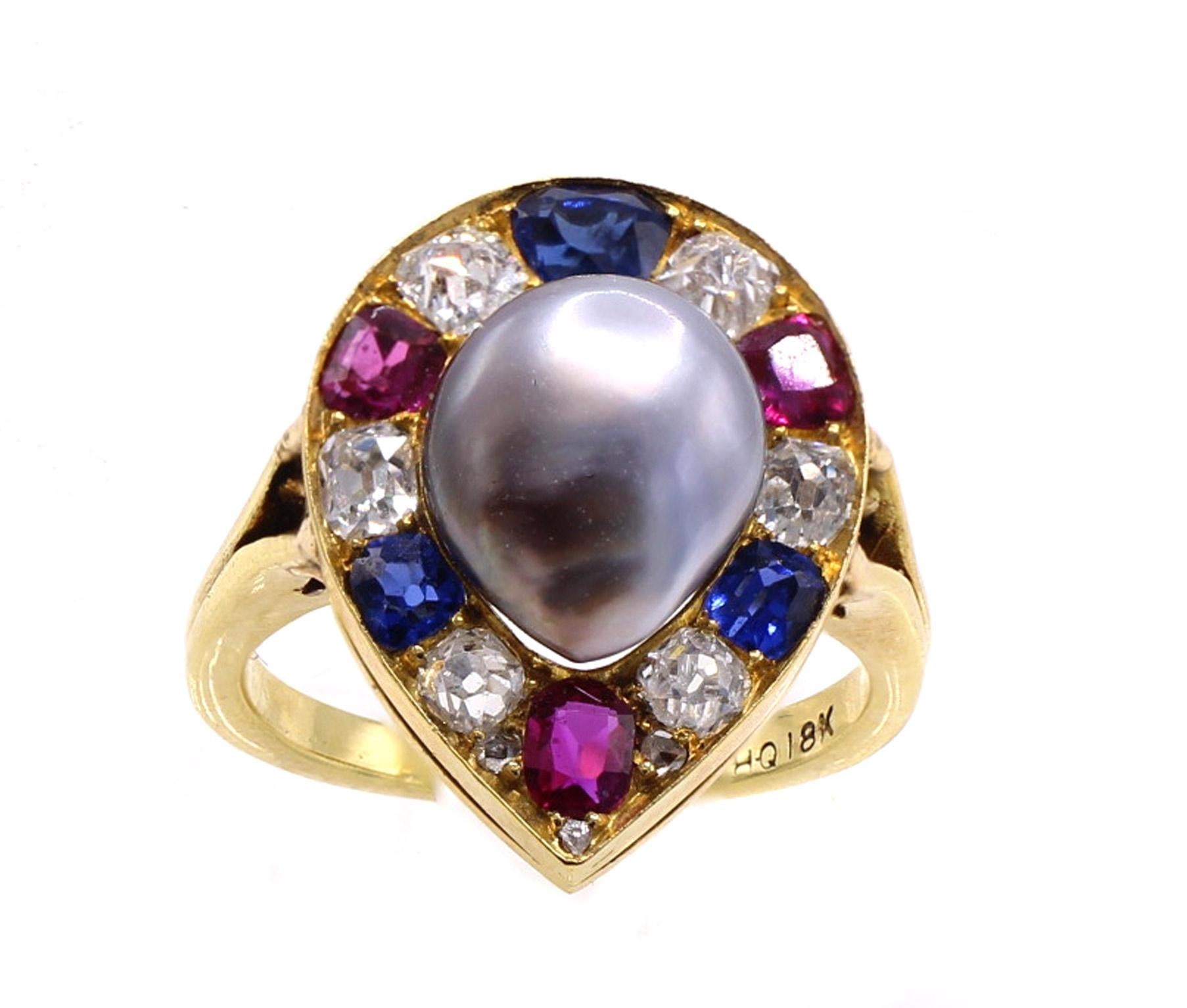 Victorian Natural Grey Saltwater Pearl Sapphire Ruby Diamond 18 Karat Yellow Gold Ring For Sale