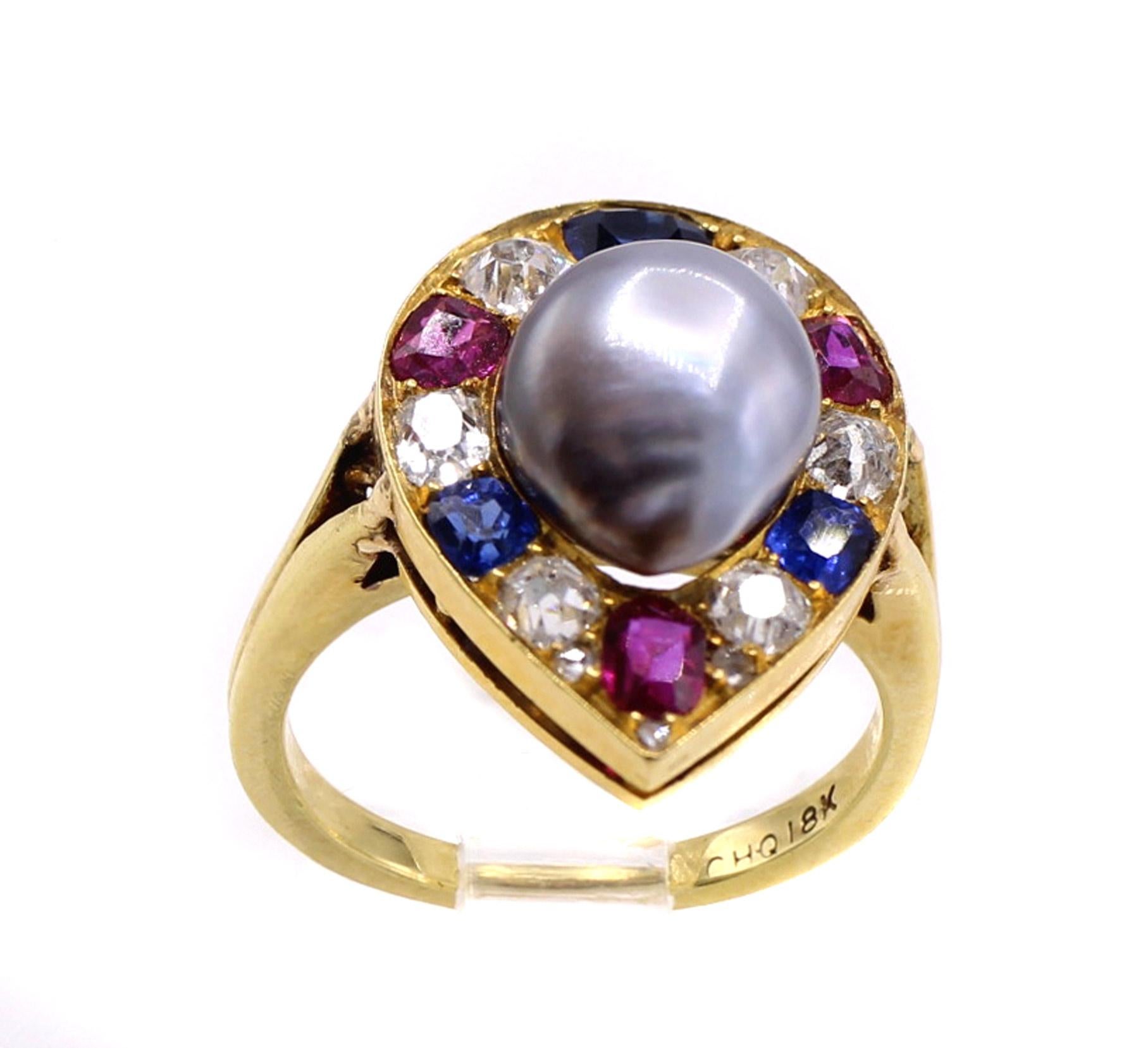 Mixed Cut Natural Grey Saltwater Pearl Sapphire Ruby Diamond 18 Karat Yellow Gold Ring For Sale