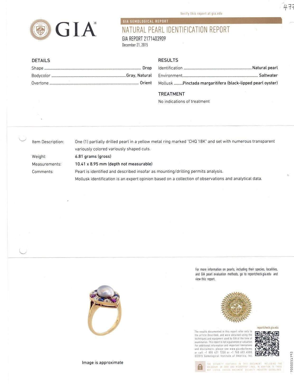 Ring aus 18 Karat Gelbgold mit natürlichem grauem Salzwasserperlen, Saphir, Rubin und Diamant im Zustand „Hervorragend“ im Angebot in New York, NY