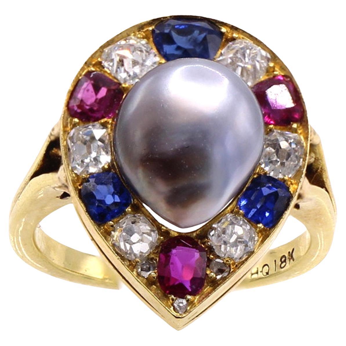 Natural Grey Saltwater Pearl Sapphire Ruby Diamond 18 Karat Yellow Gold Ring For Sale