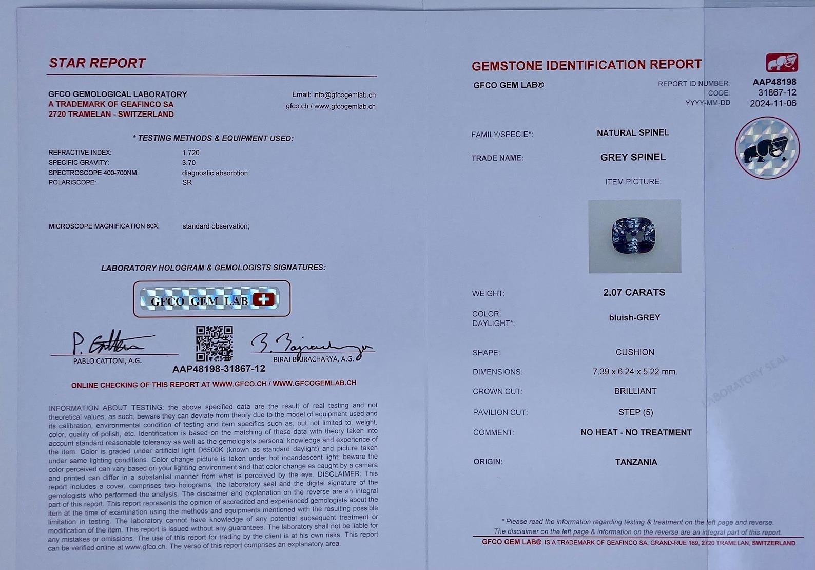 Taglio cuscino Gemma sciolta di Spinello Grigio Nature 2,07 ct., Alta qualità, Certificato CFCO in vendita