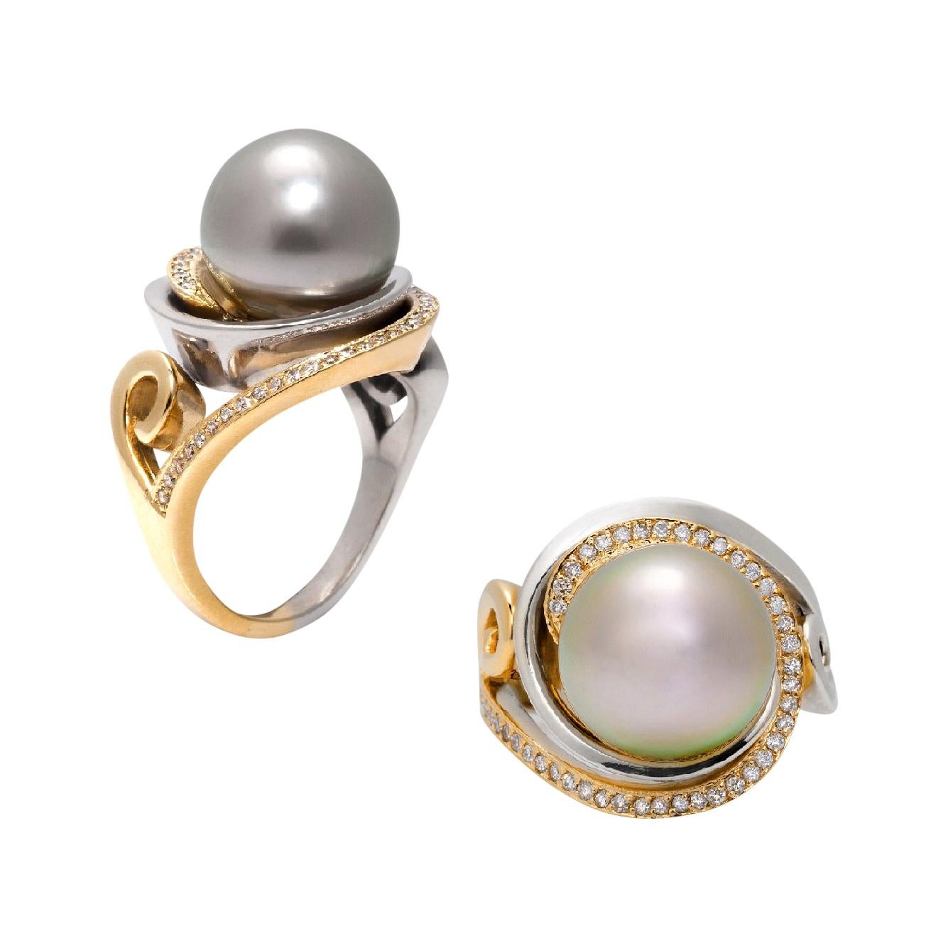 Tahitian Black Pearl Ring in Gold with 15 Moving Pearls at 1stDibs