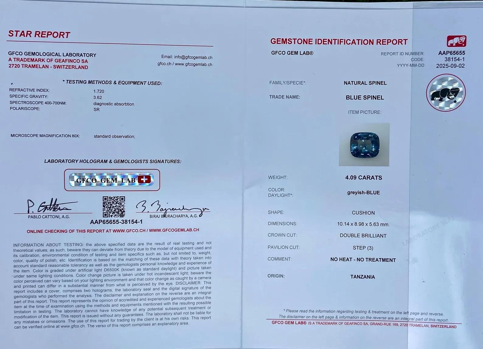 Gemma sciolta di Spinello grigio-blu naturale 4,09 ct., Alta qualità, Taglio a cuscino in vendita 7