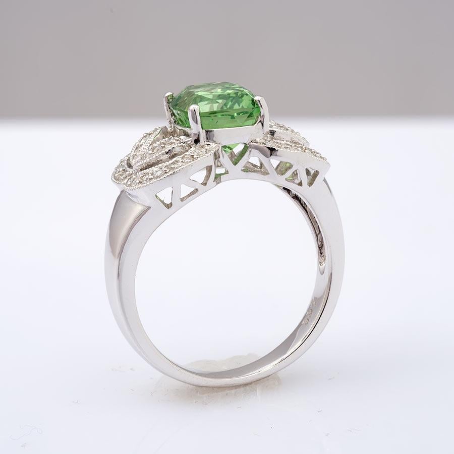 Cushion Cut Natural Grossular Garnet Gemstone 3.37 cts in 18K White Gold Ring with Diamonds For Sale