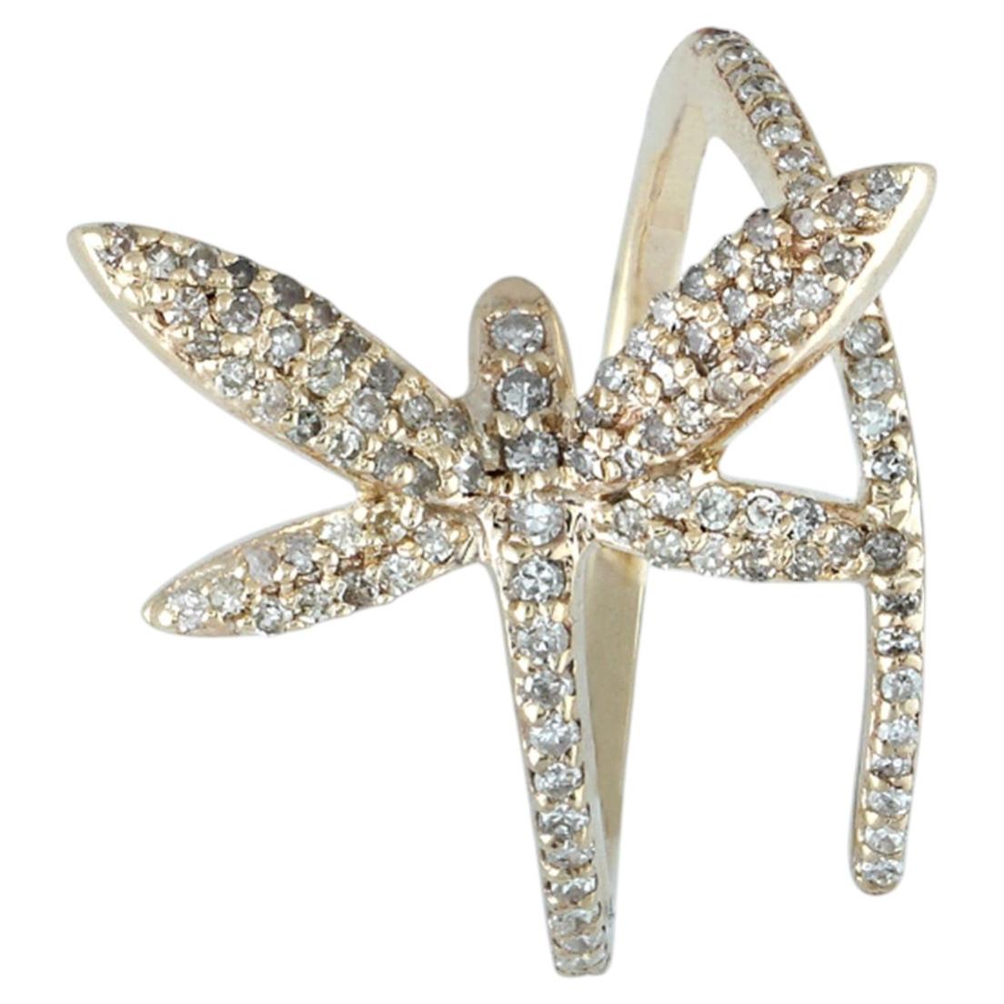 Natural H/Si White Diamond Ring Solid 14k Yellow Gold Dragonfly Statement Ring For Sale