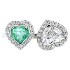 Natural Halo Emerald & Diamond Heart Open Ring in 14K Solid Gold (Certified)