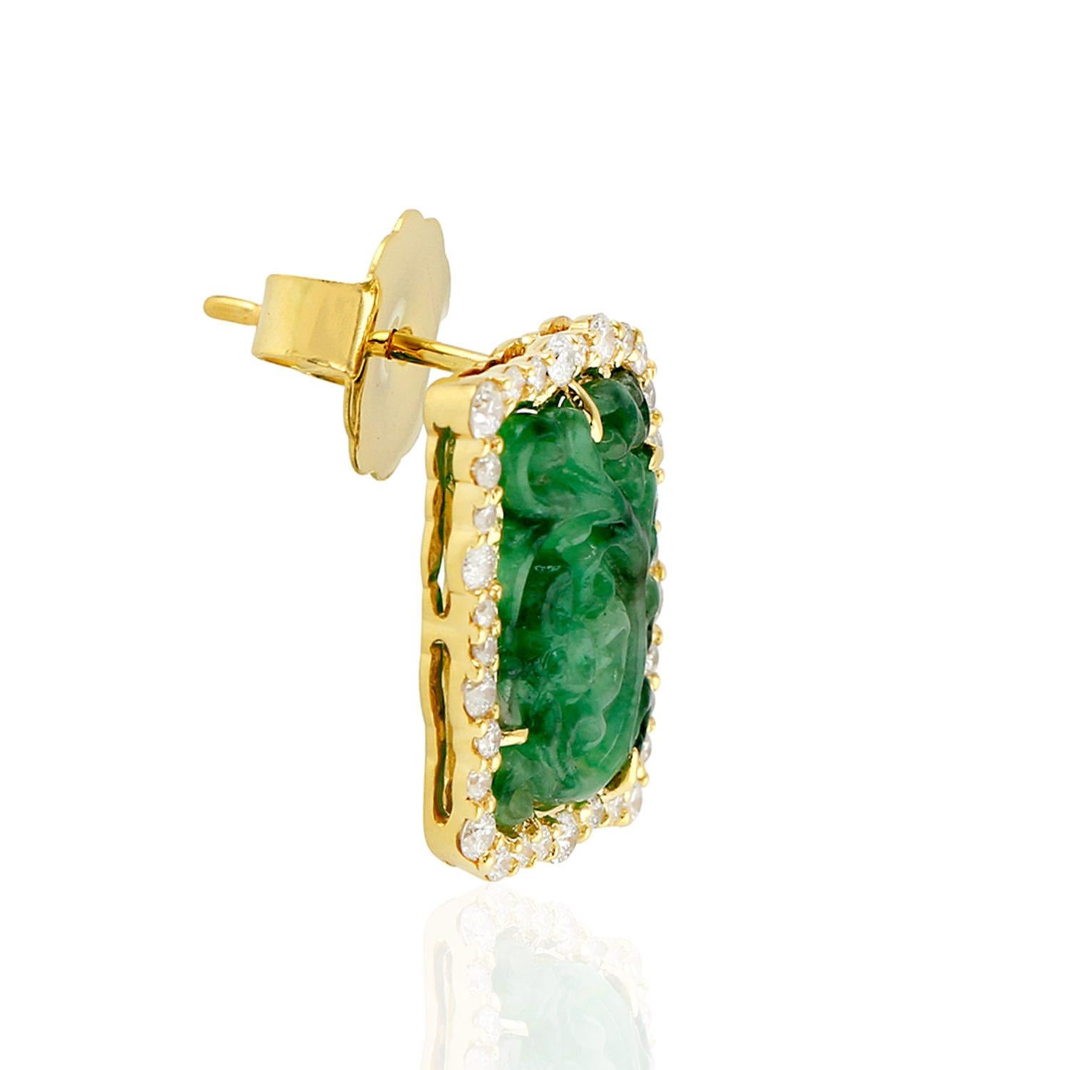 Mixed Cut Natural Hand Carved Jade and Diamond Halo Stud Earrings 6.74 Carats 18K Yellow G For Sale