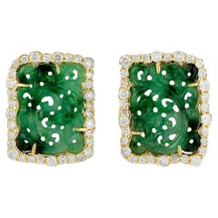 Natural Hand Carved Jade and Diamond Halo Stud Earrings 6.74 Carats 18K Yellow G