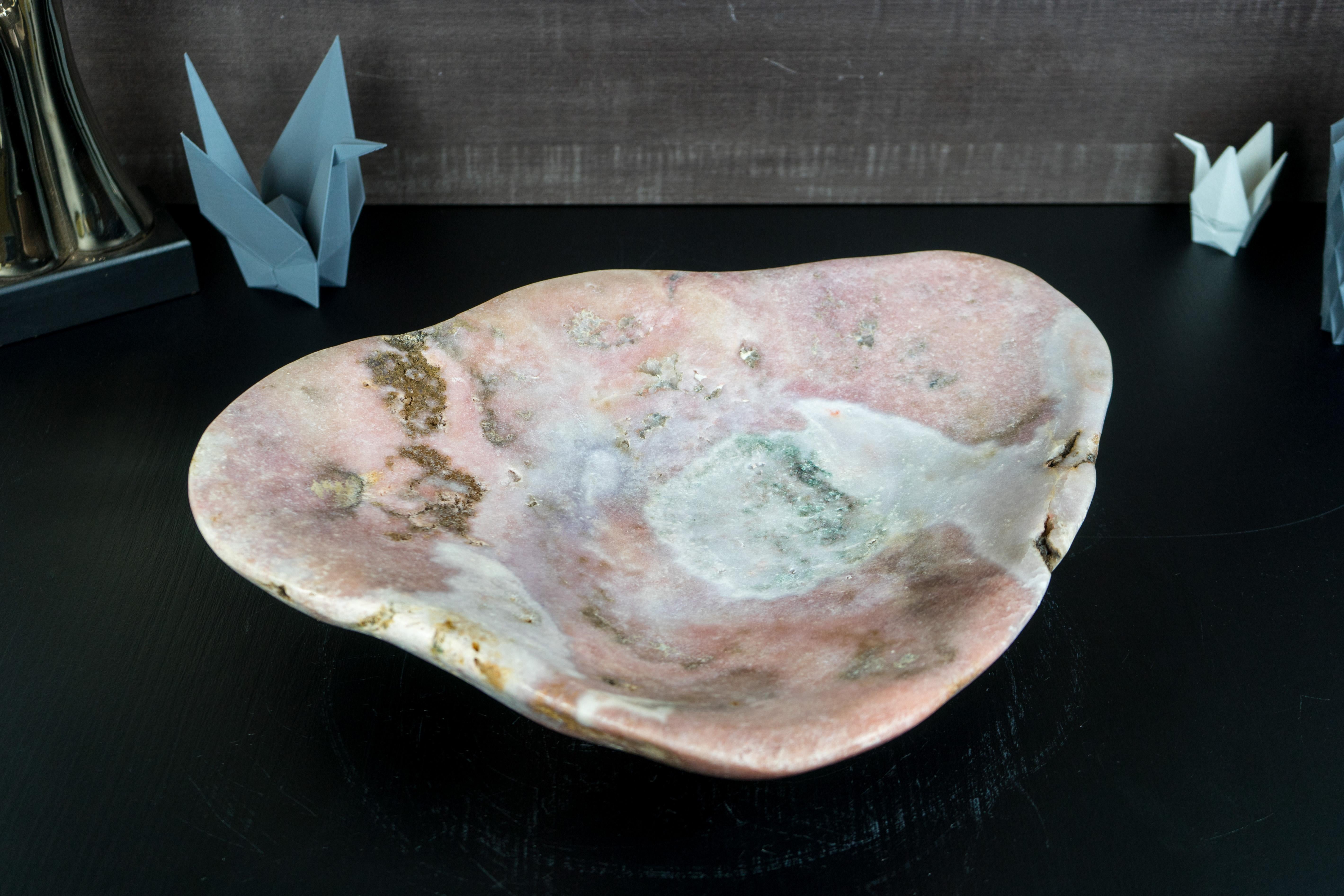 Contemporary Natural Hand Carved Pink Amethyst Crystal Bowl For Sale