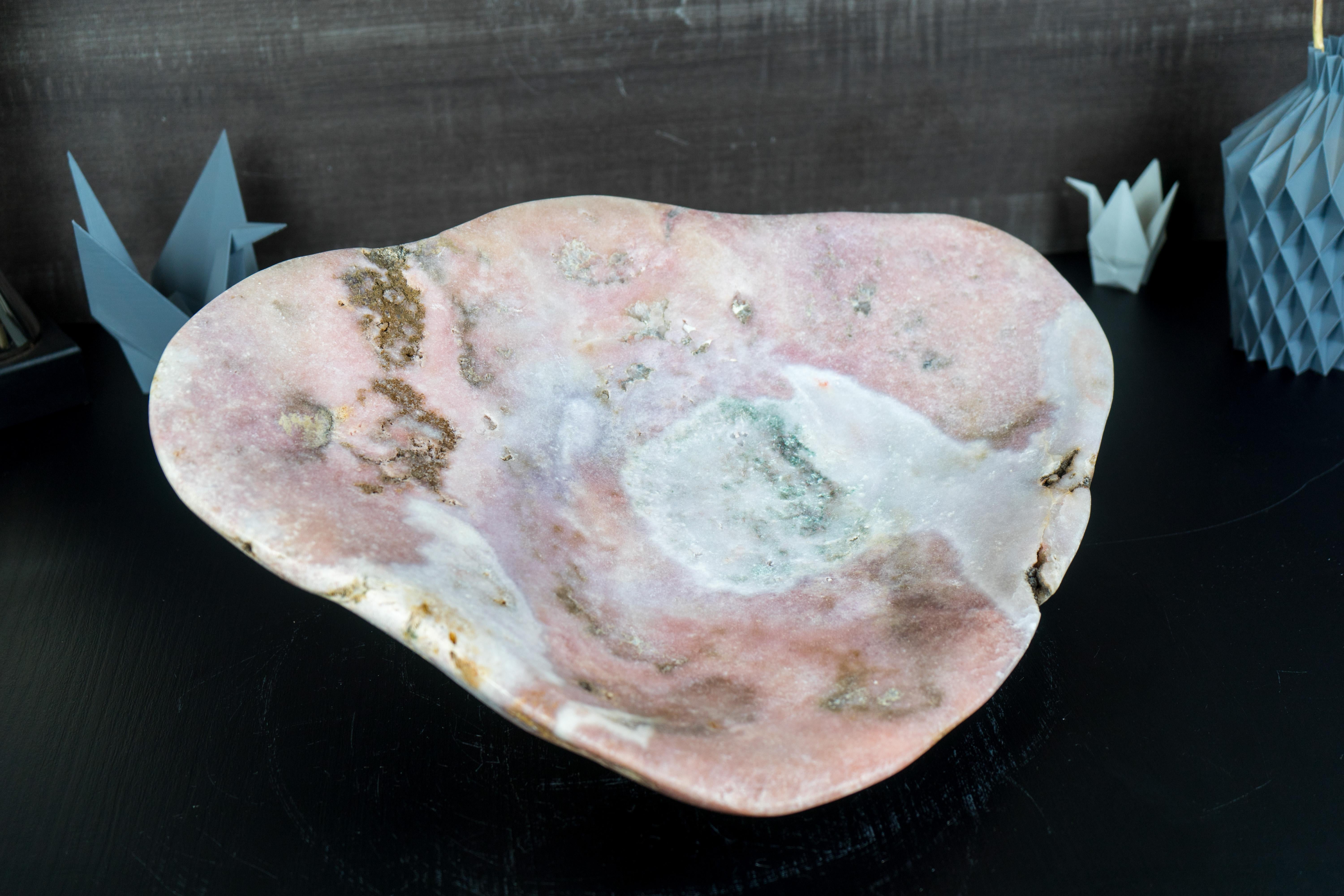 Natural Hand Carved Pink Amethyst Crystal Bowl For Sale 1