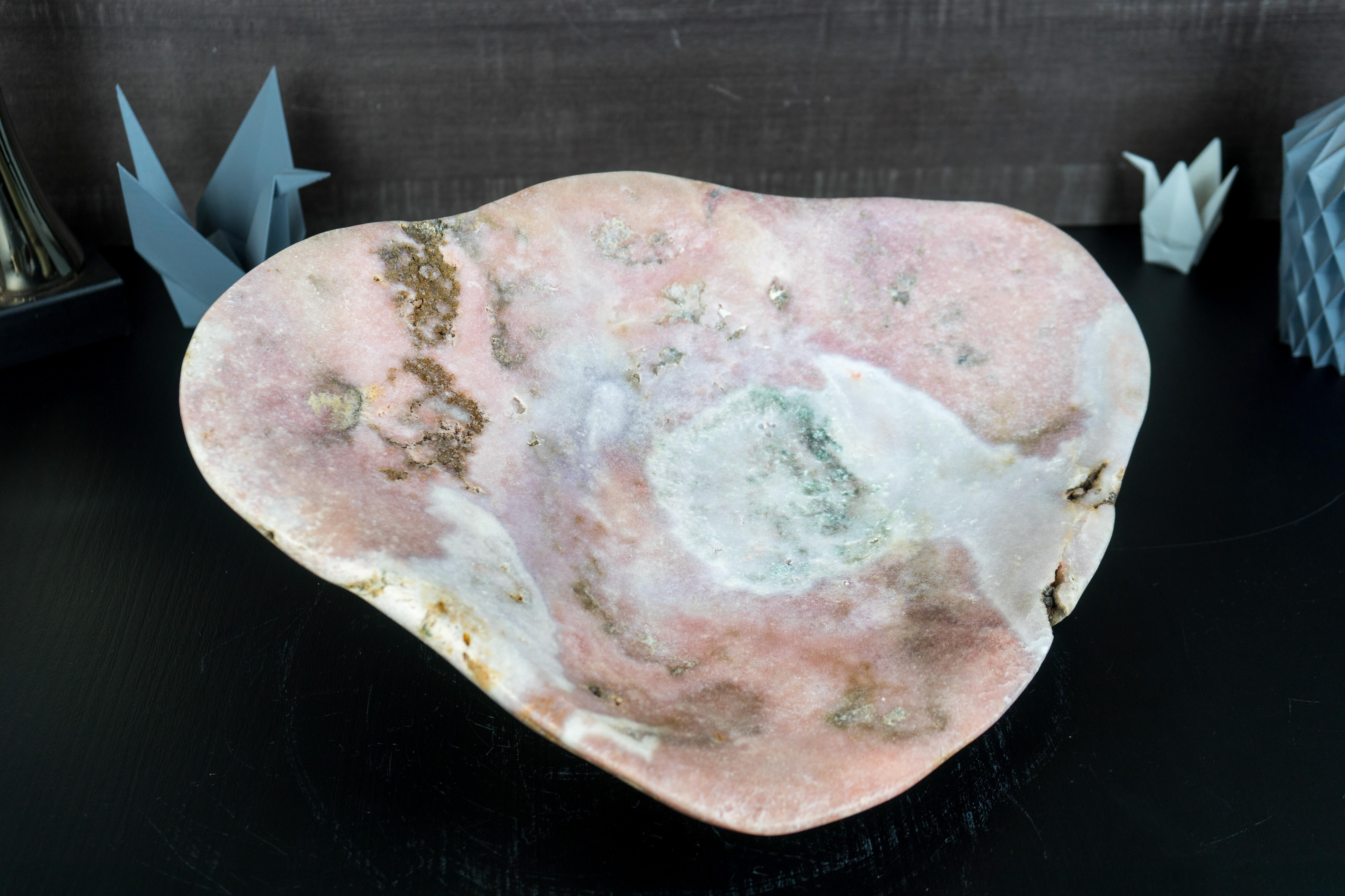 Natural Hand Carved Pink Amethyst Crystal Bowl For Sale 4