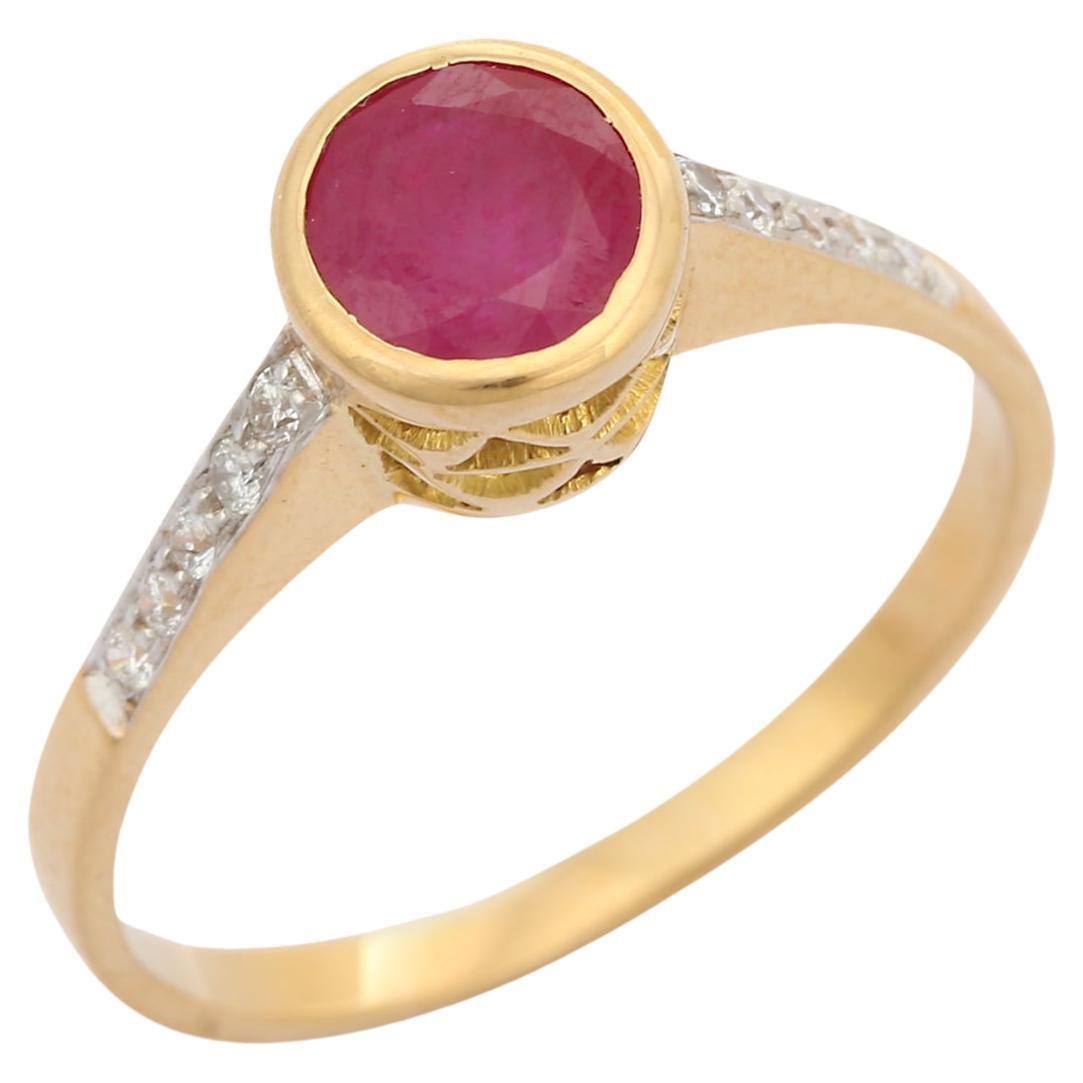 Ring mit leuchtend rotem Rubin aus 18 Karat massivem Gelbgold mit Diamanten für Damen